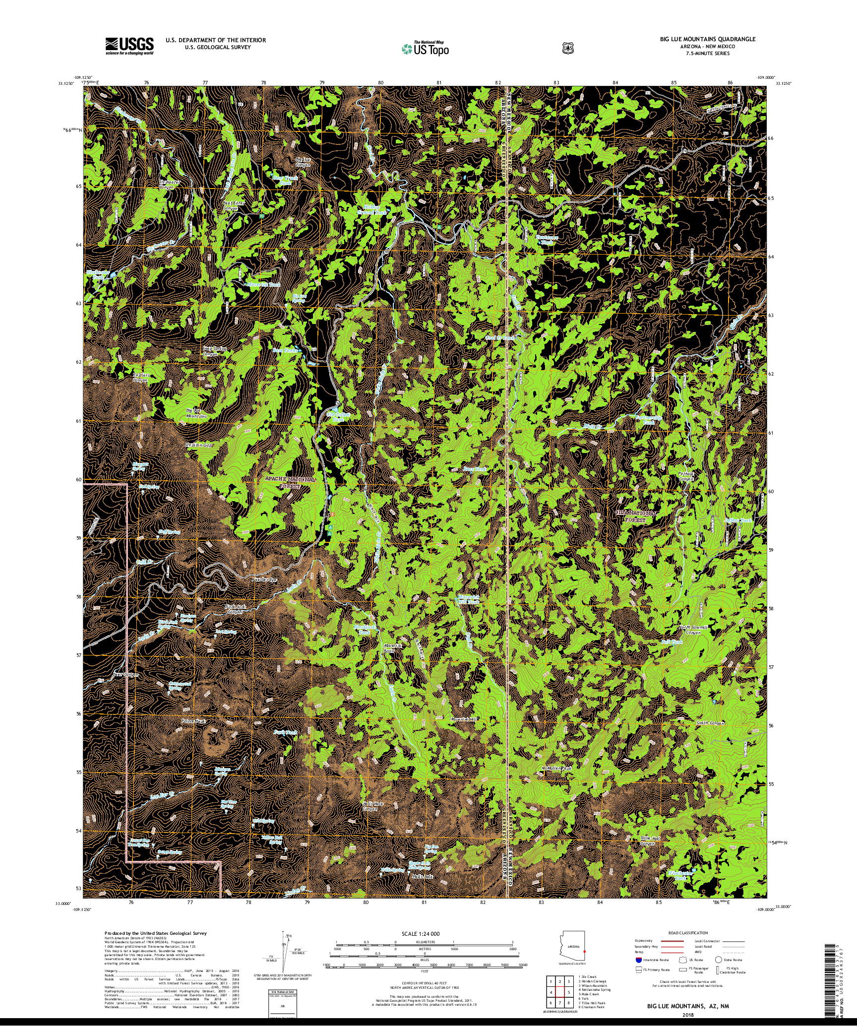 USGS US TOPO 7.5-MINUTE MAP FOR BIG LUE MOUNTAINS, AZ,NM 2018