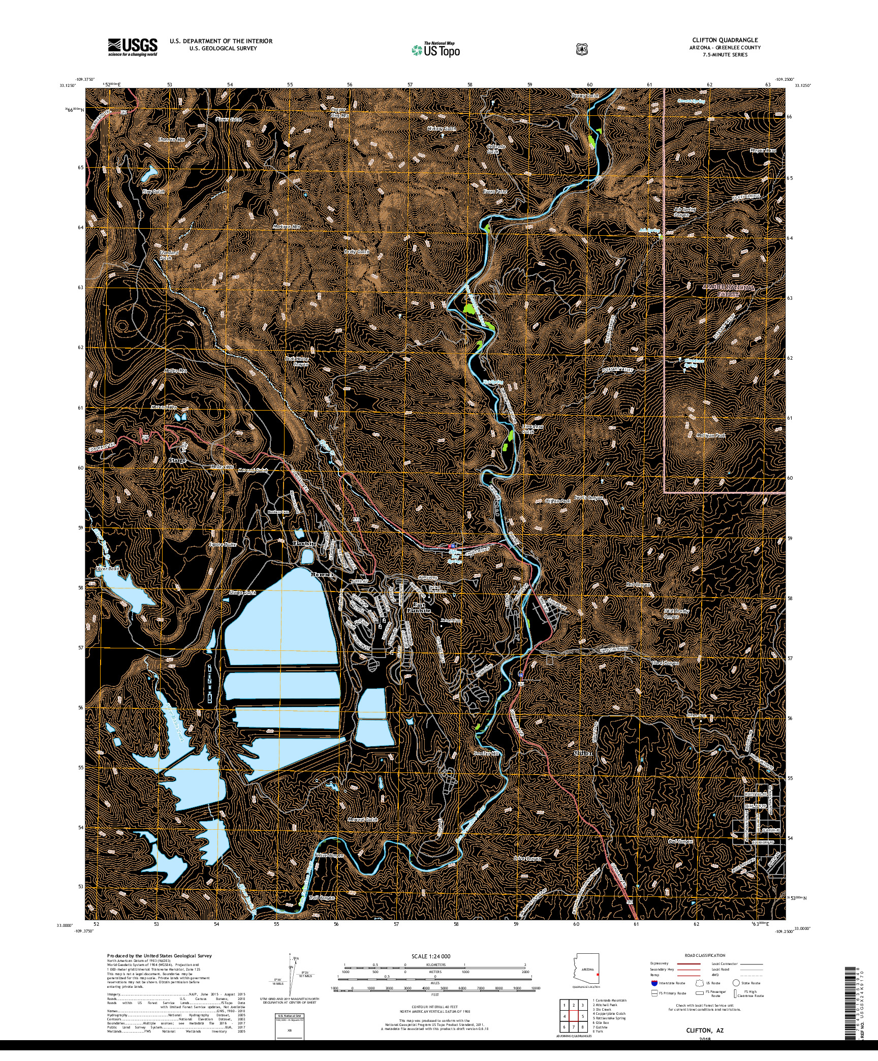 USGS US TOPO 7.5-MINUTE MAP FOR CLIFTON, AZ 2018