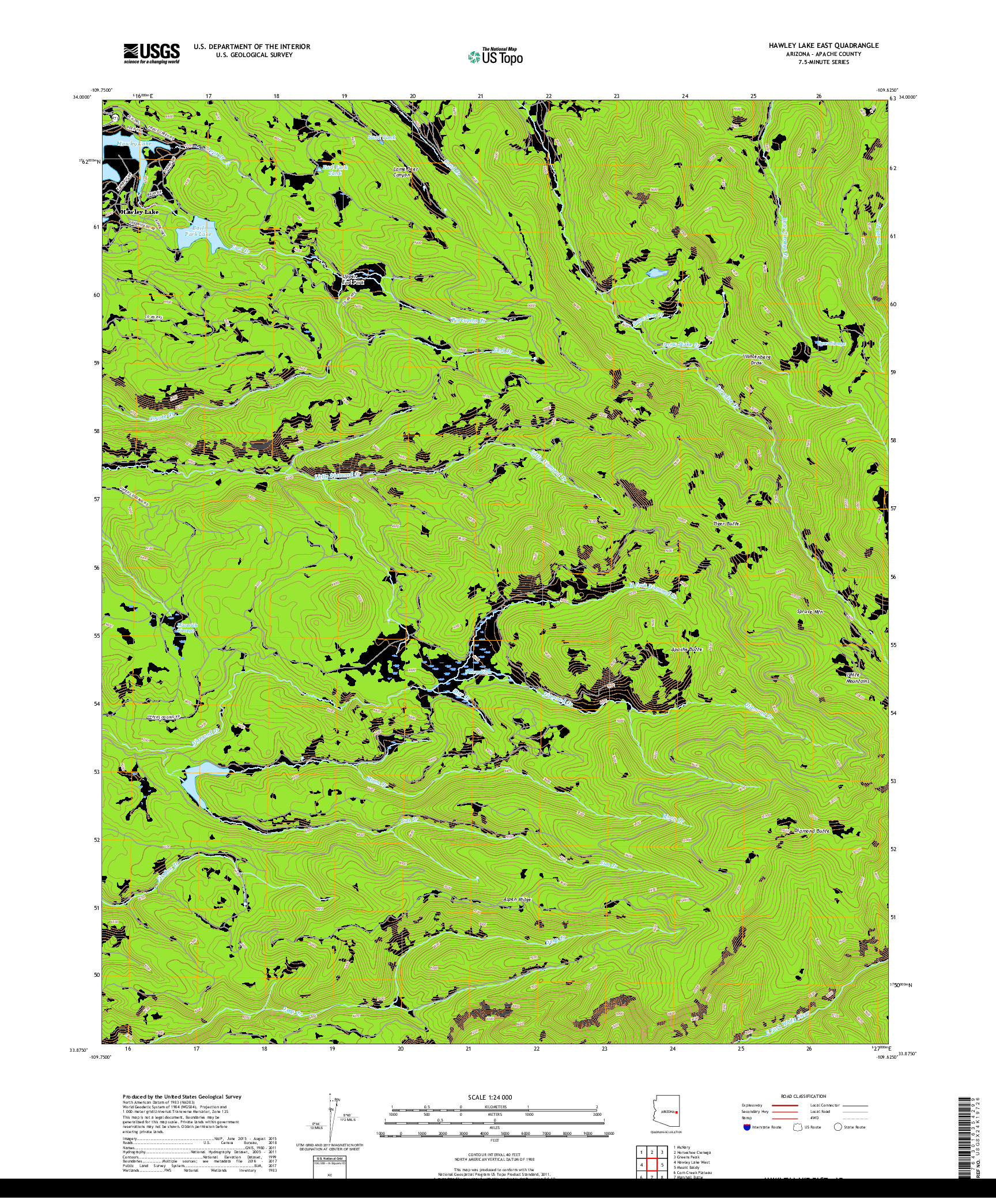 USGS US TOPO 7.5-MINUTE MAP FOR HAWLEY LAKE EAST, AZ 2018