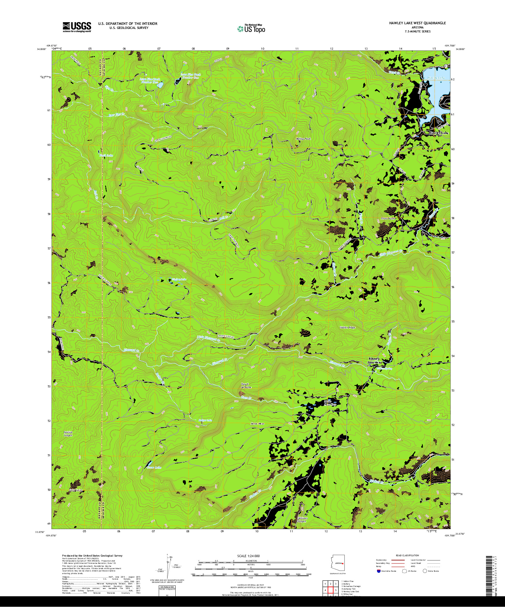 USGS US TOPO 7.5-MINUTE MAP FOR HAWLEY LAKE WEST, AZ 2018