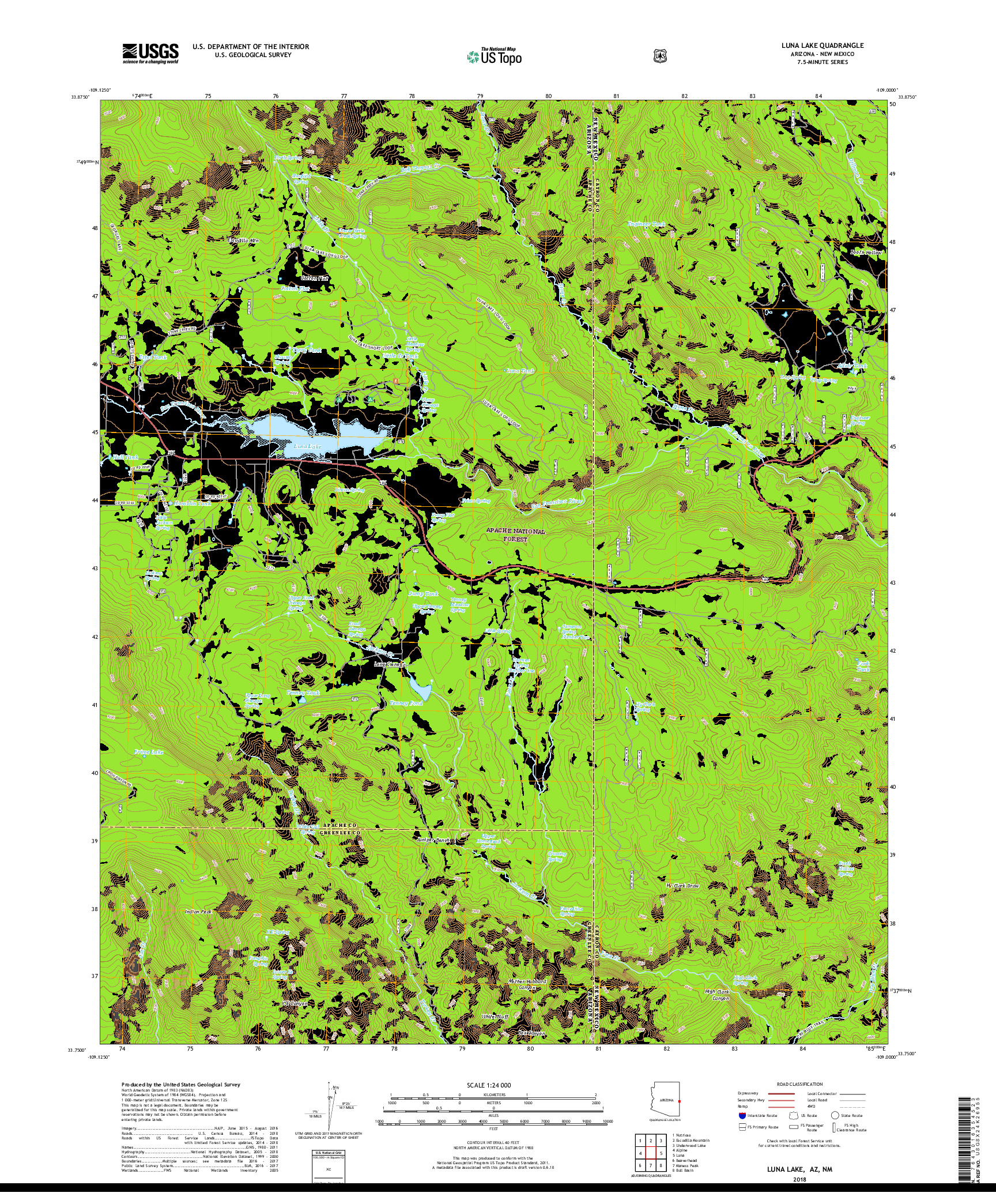 USGS US TOPO 7.5-MINUTE MAP FOR LUNA LAKE, AZ,NM 2018