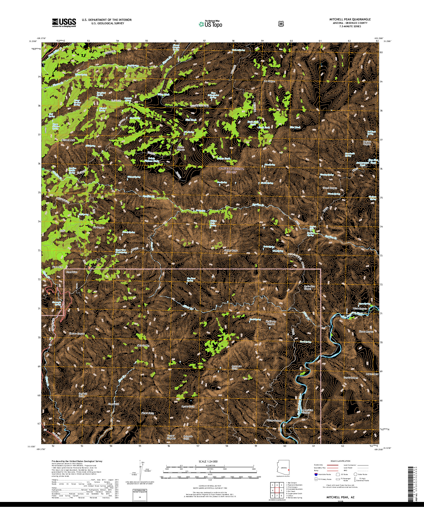 USGS US TOPO 7.5-MINUTE MAP FOR MITCHELL PEAK, AZ 2018