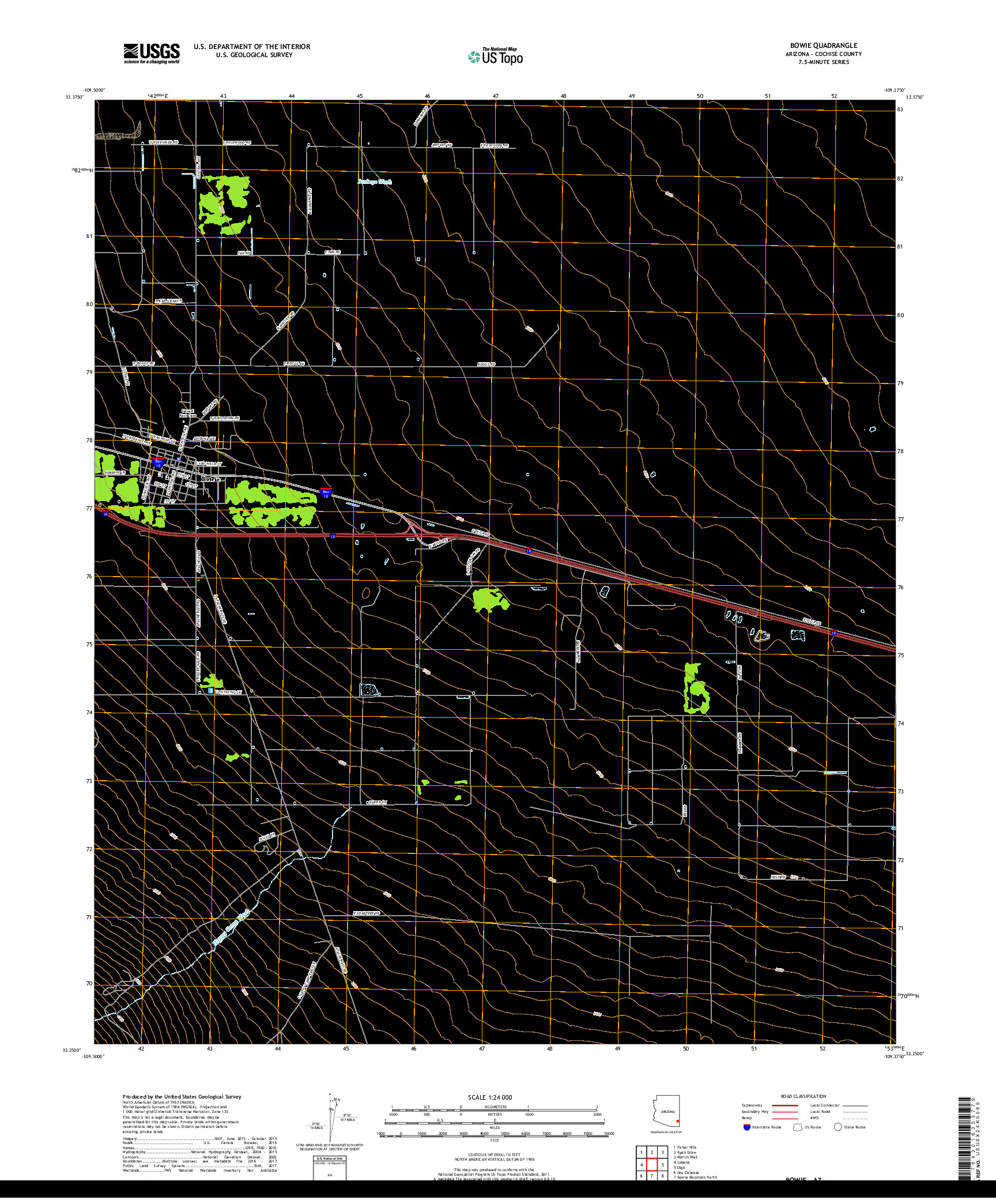 USGS US TOPO 7.5-MINUTE MAP FOR BOWIE, AZ 2018