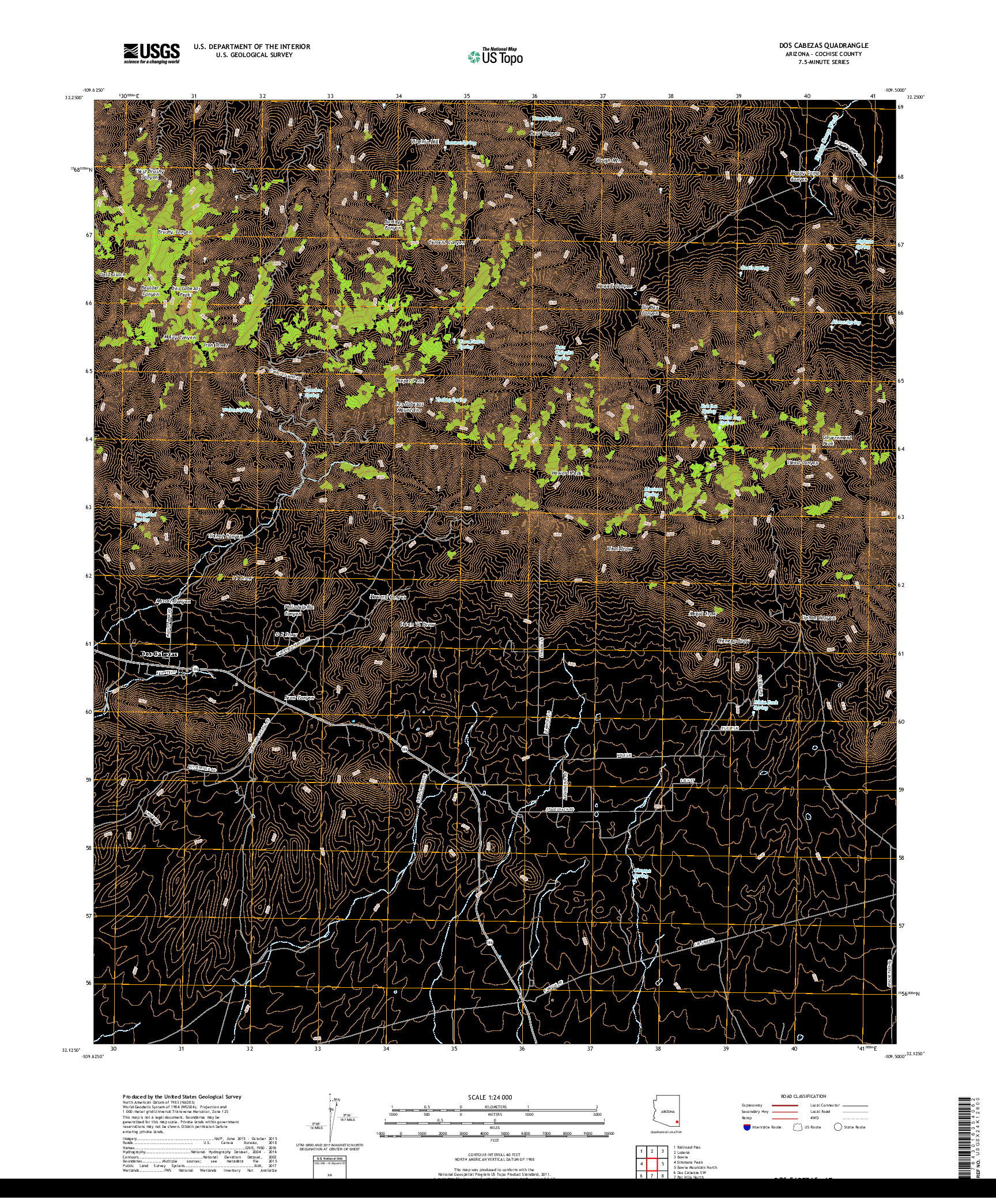 USGS US TOPO 7.5-MINUTE MAP FOR DOS CABEZAS, AZ 2018