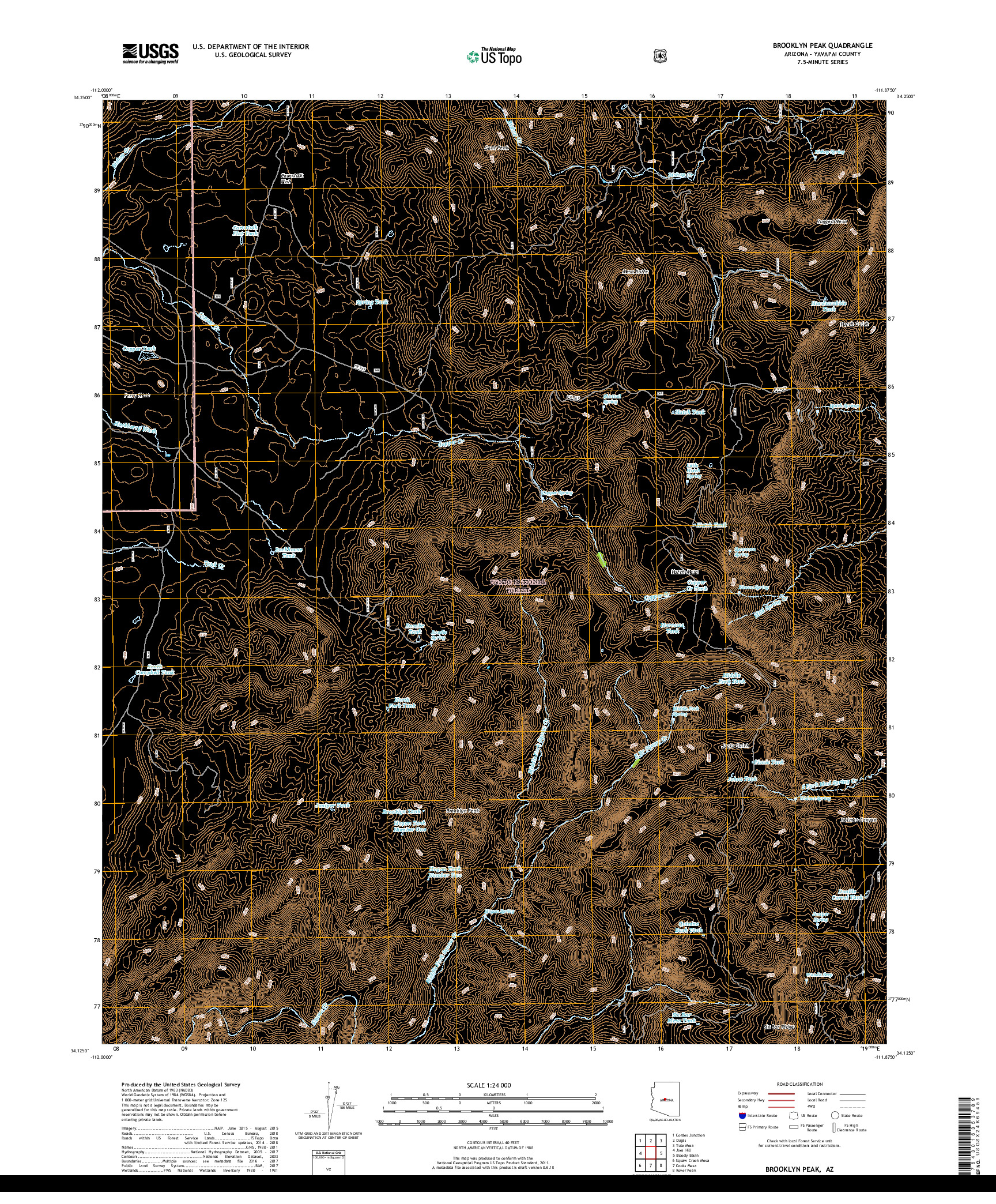 USGS US TOPO 7.5-MINUTE MAP FOR BROOKLYN PEAK, AZ 2018
