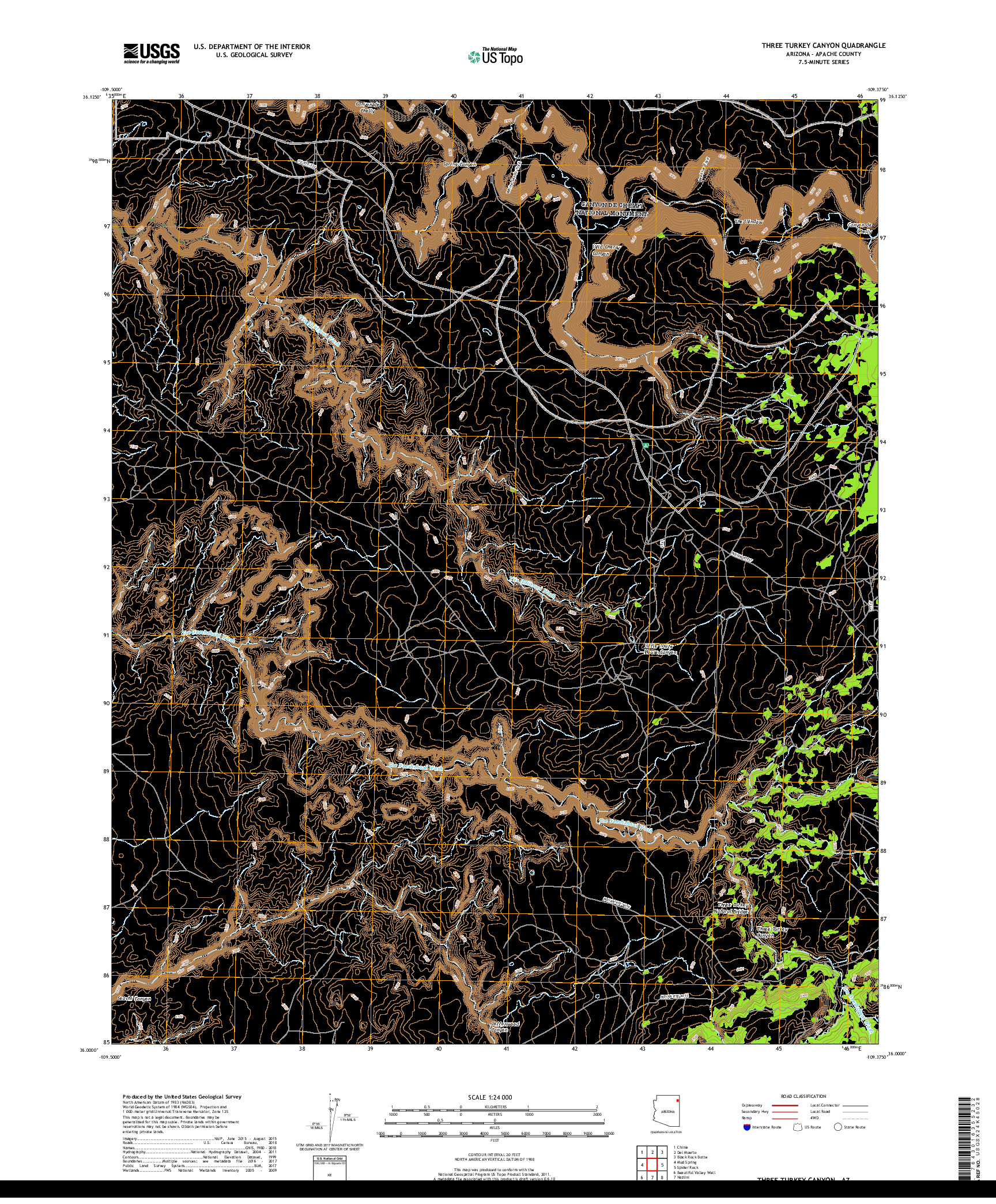 USGS US TOPO 7.5-MINUTE MAP FOR THREE TURKEY CANYON, AZ 2018