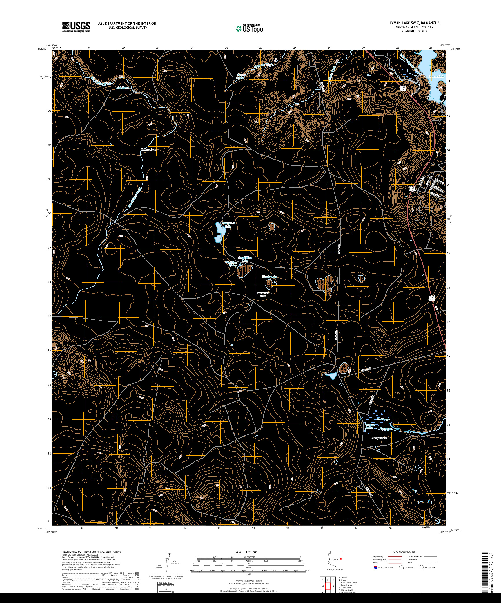 USGS US TOPO 7.5-MINUTE MAP FOR LYMAN LAKE SW, AZ 2018
