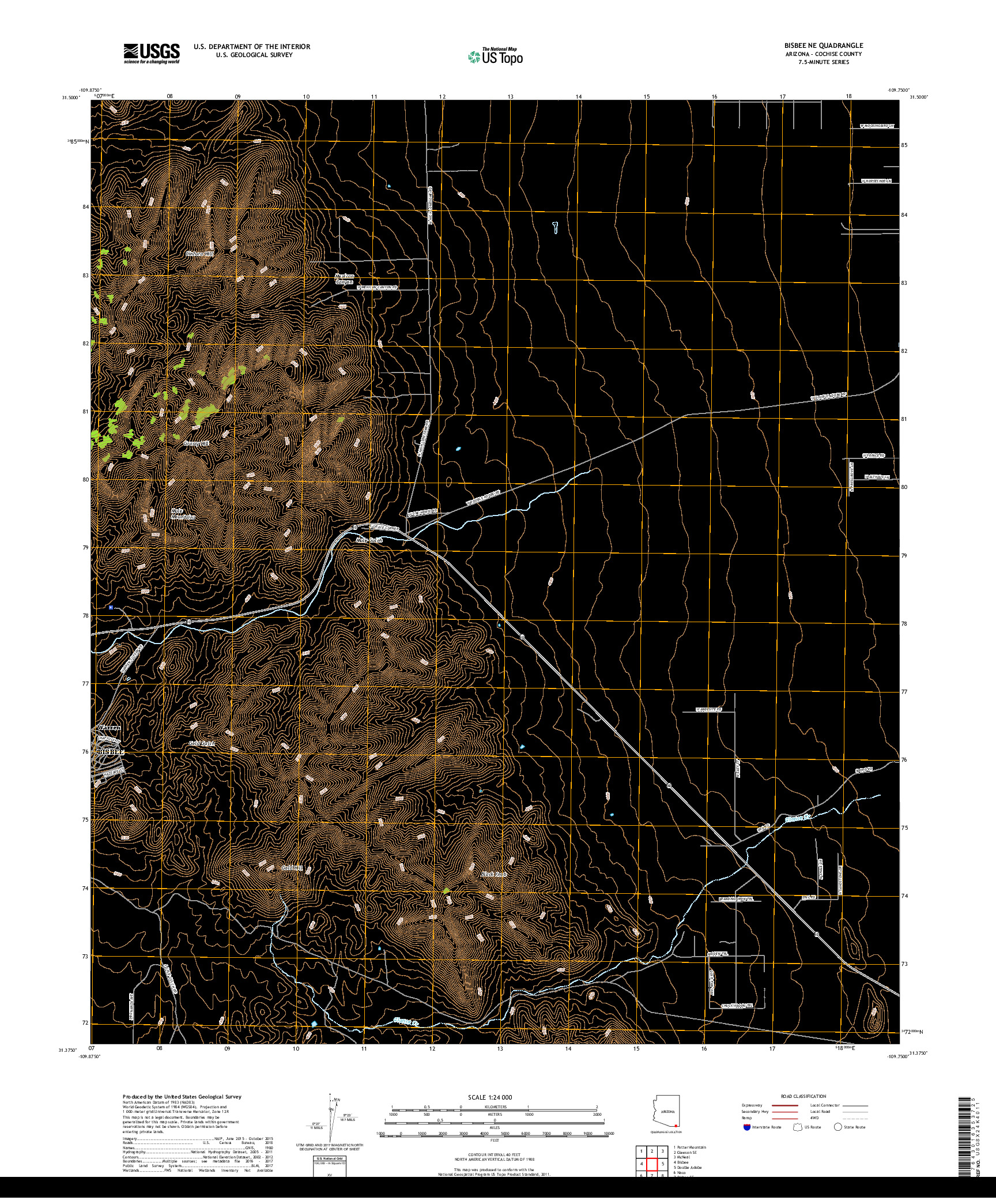 USGS US TOPO 7.5-MINUTE MAP FOR BISBEE NE, AZ 2018