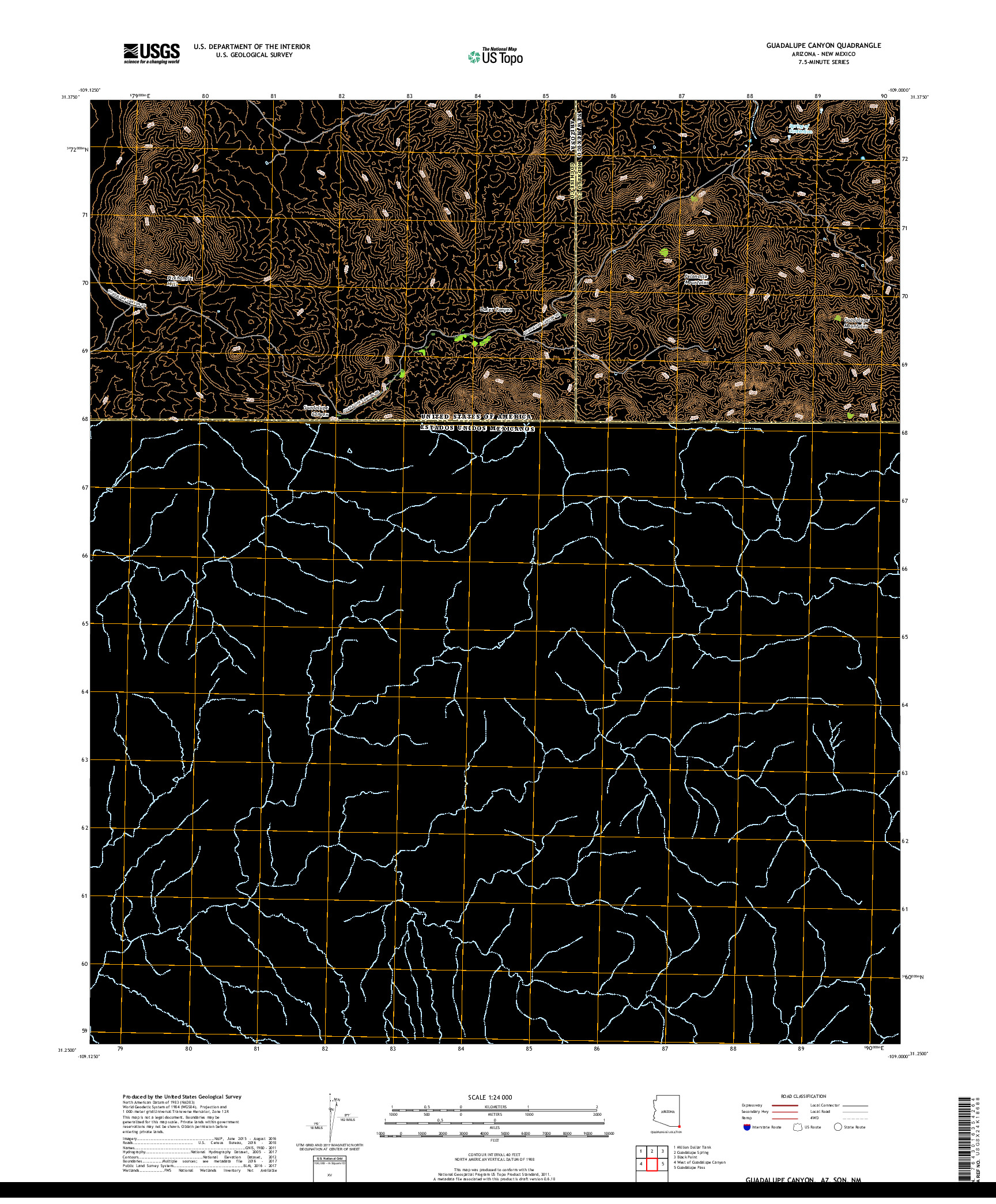 USGS US TOPO 7.5-MINUTE MAP FOR GUADALUPE CANYON, AZ,SON,NM 2018