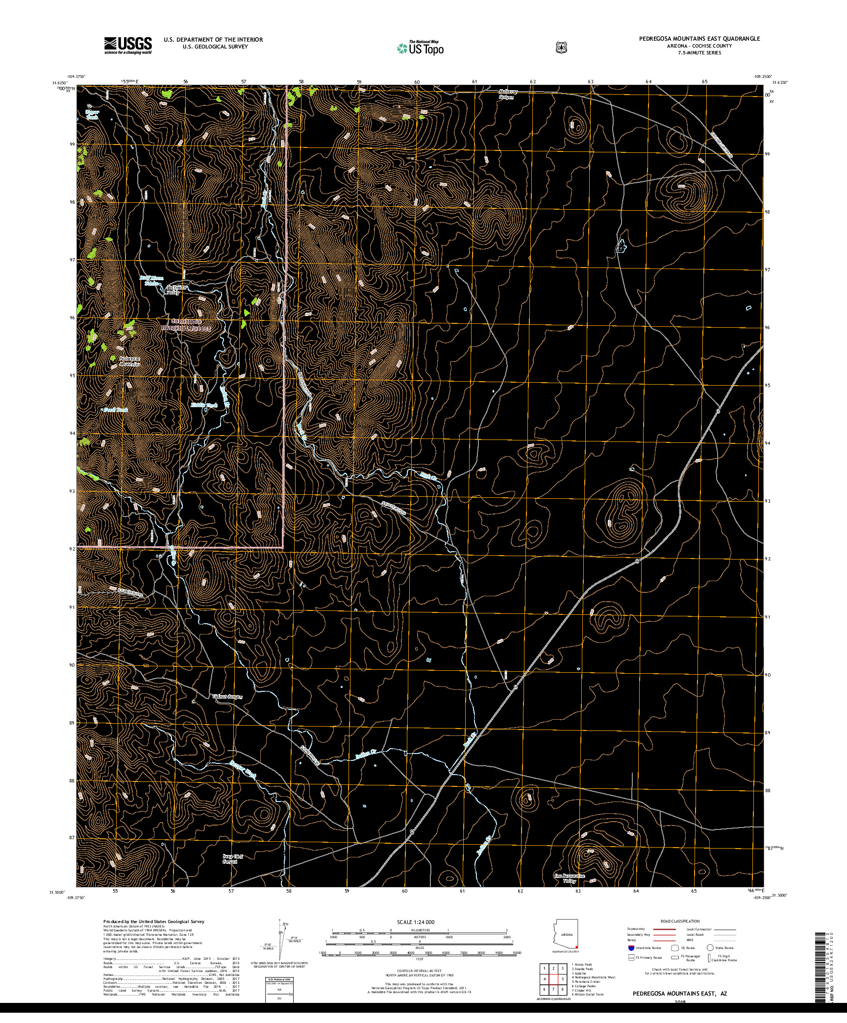 USGS US TOPO 7.5-MINUTE MAP FOR PEDREGOSA MOUNTAINS EAST, AZ 2018