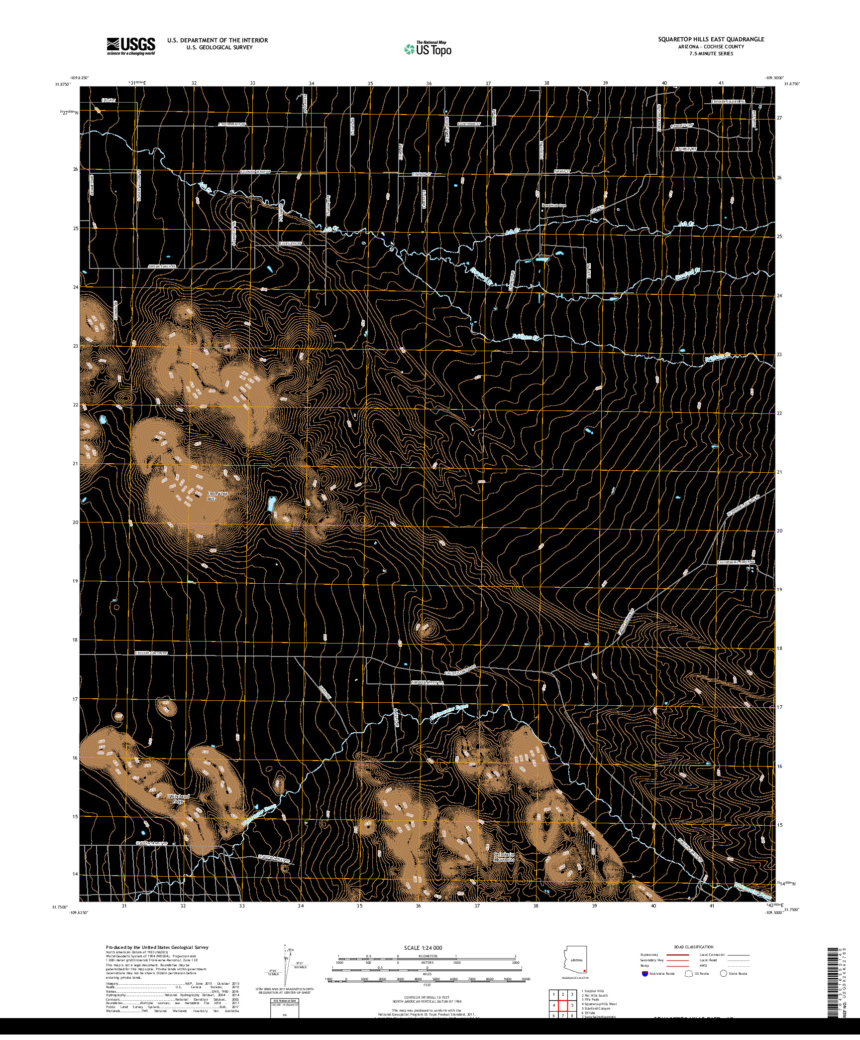 USGS US TOPO 7.5-MINUTE MAP FOR SQUARETOP HILLS EAST, AZ 2018