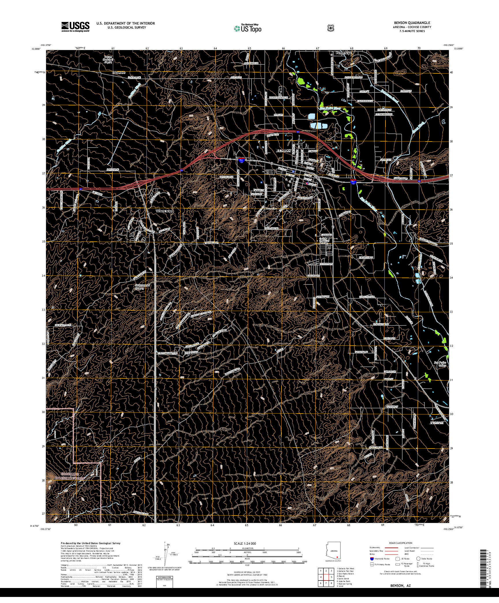 USGS US TOPO 7.5-MINUTE MAP FOR BENSON, AZ 2018