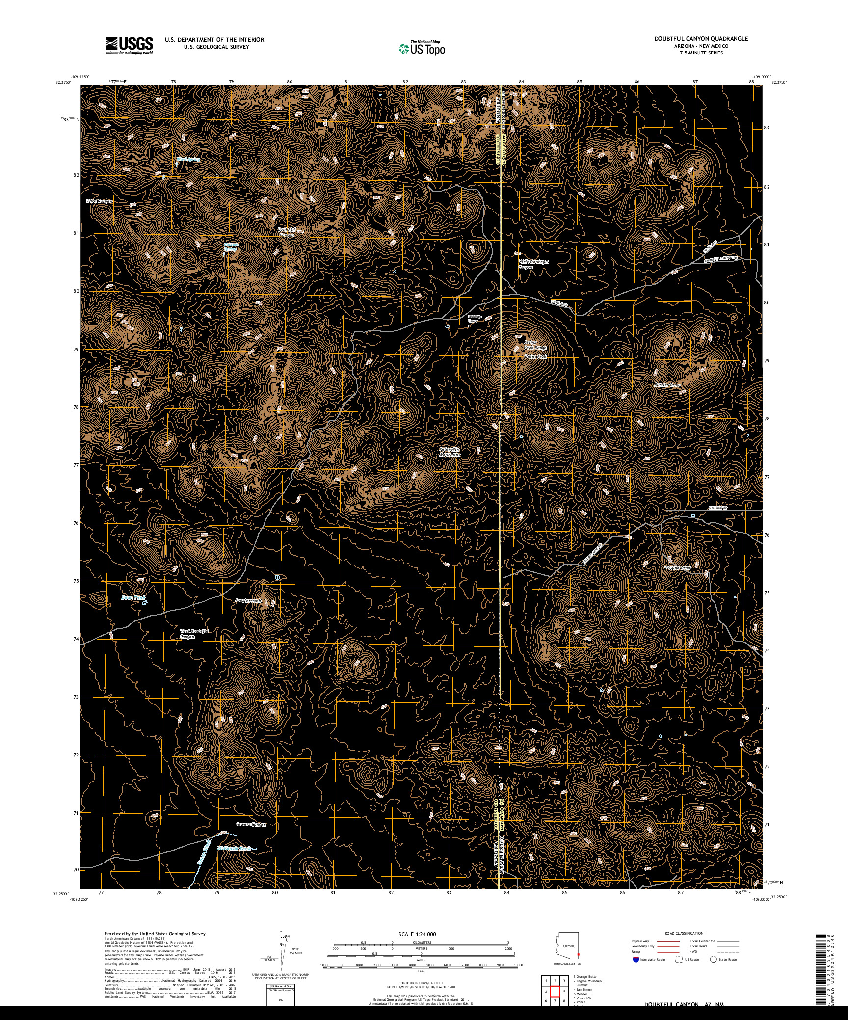 USGS US TOPO 7.5-MINUTE MAP FOR DOUBTFUL CANYON, AZ,NM 2018