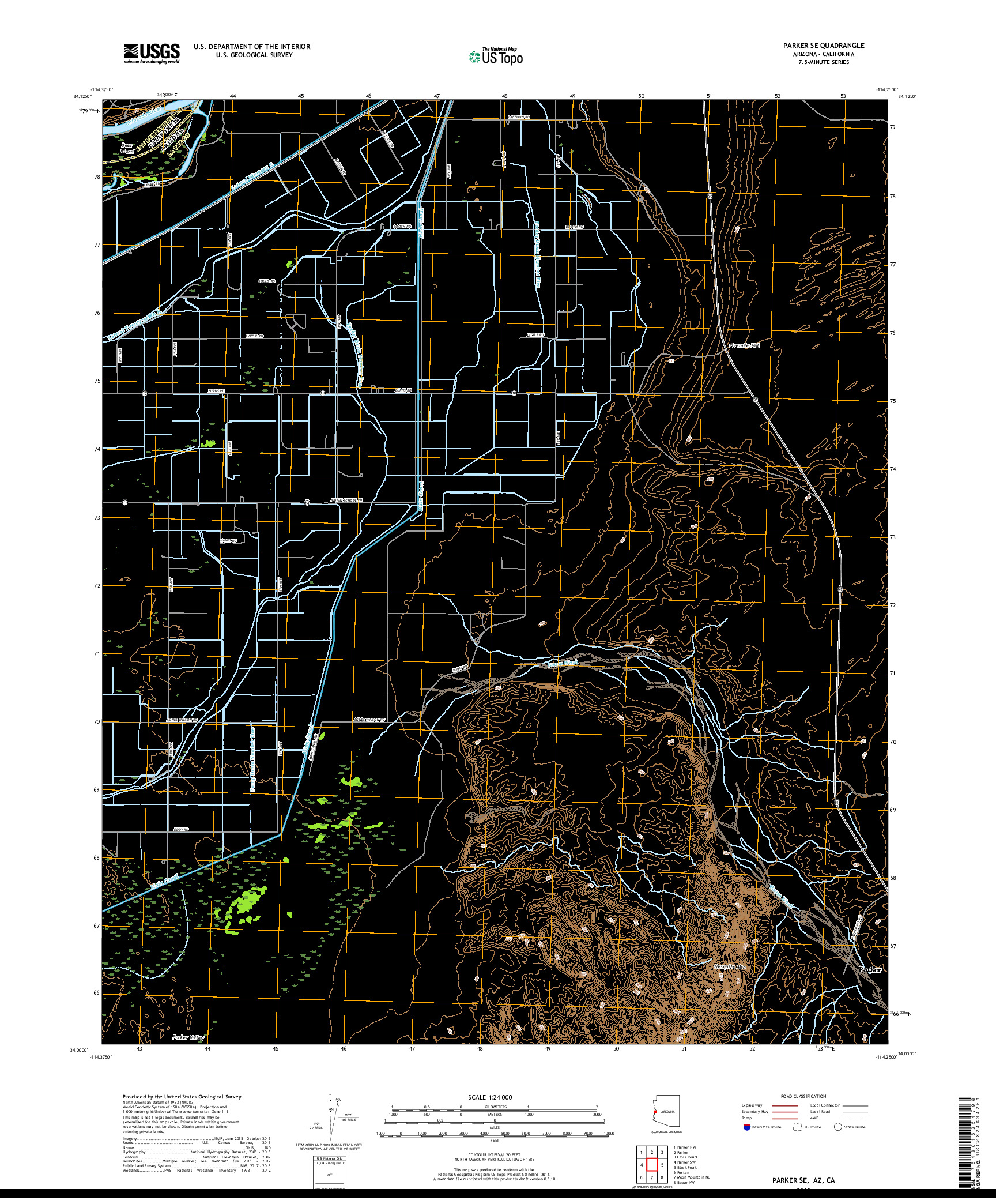 USGS US TOPO 7.5-MINUTE MAP FOR PARKER SE, AZ,CA 2018