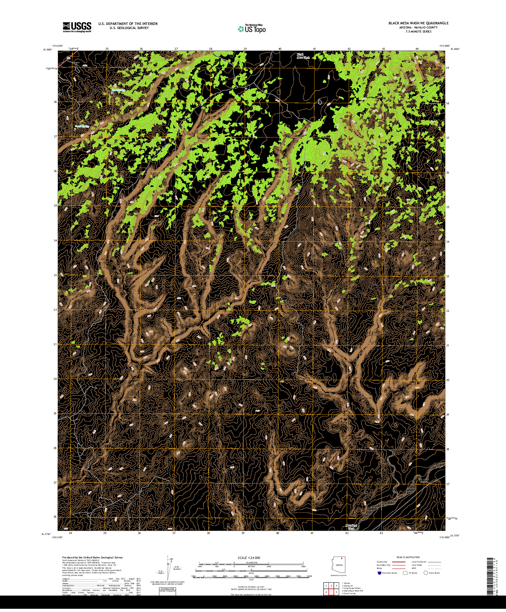 USGS US TOPO 7.5-MINUTE MAP FOR BLACK MESA WASH NE, AZ 2018