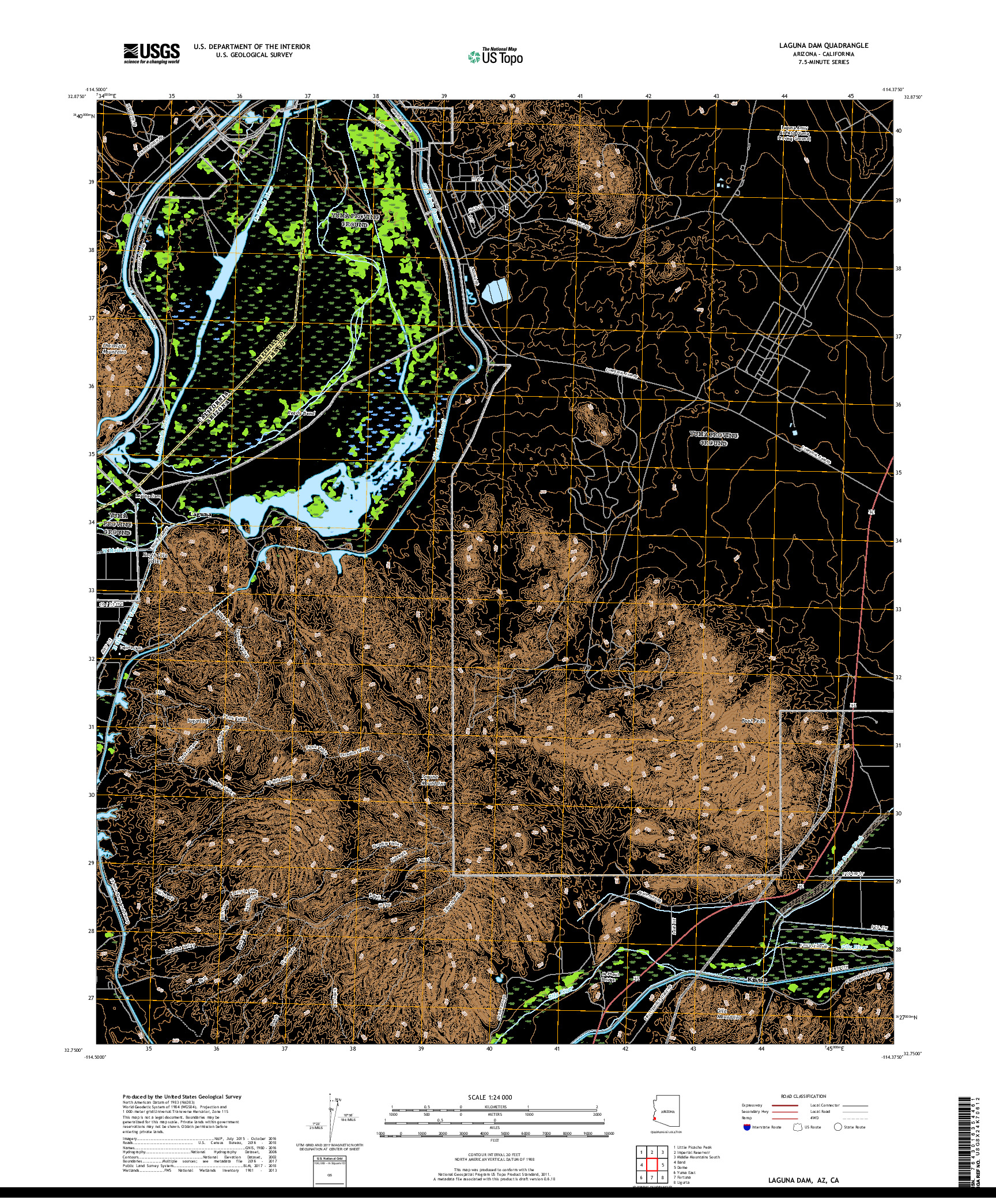 USGS US TOPO 7.5-MINUTE MAP FOR LAGUNA DAM, AZ,CA 2018