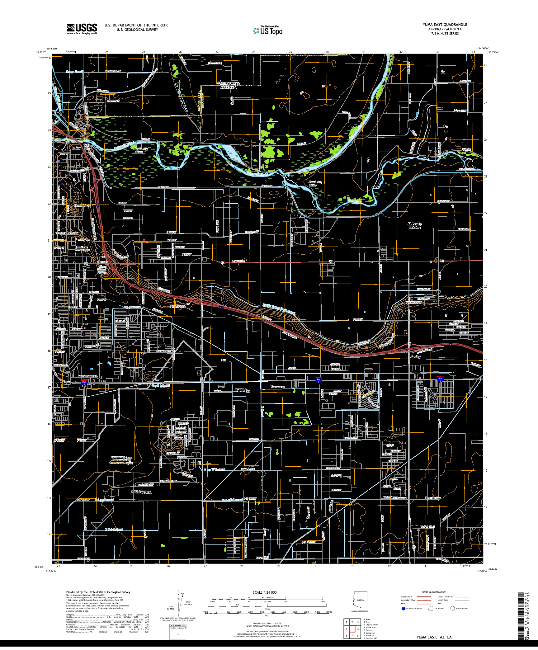 USGS US TOPO 7.5-MINUTE MAP FOR YUMA EAST, AZ,CA 2018