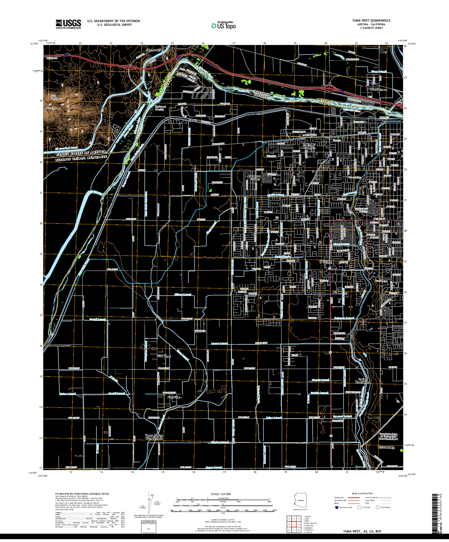 USGS US TOPO 7.5-MINUTE MAP FOR YUMA WEST, AZ,CA,BCN 2018