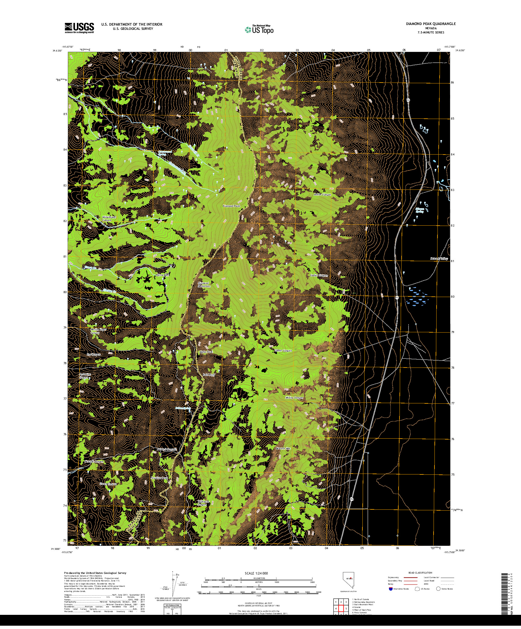 USGS US TOPO 7.5-MINUTE MAP FOR DIAMOND PEAK, NV 2018