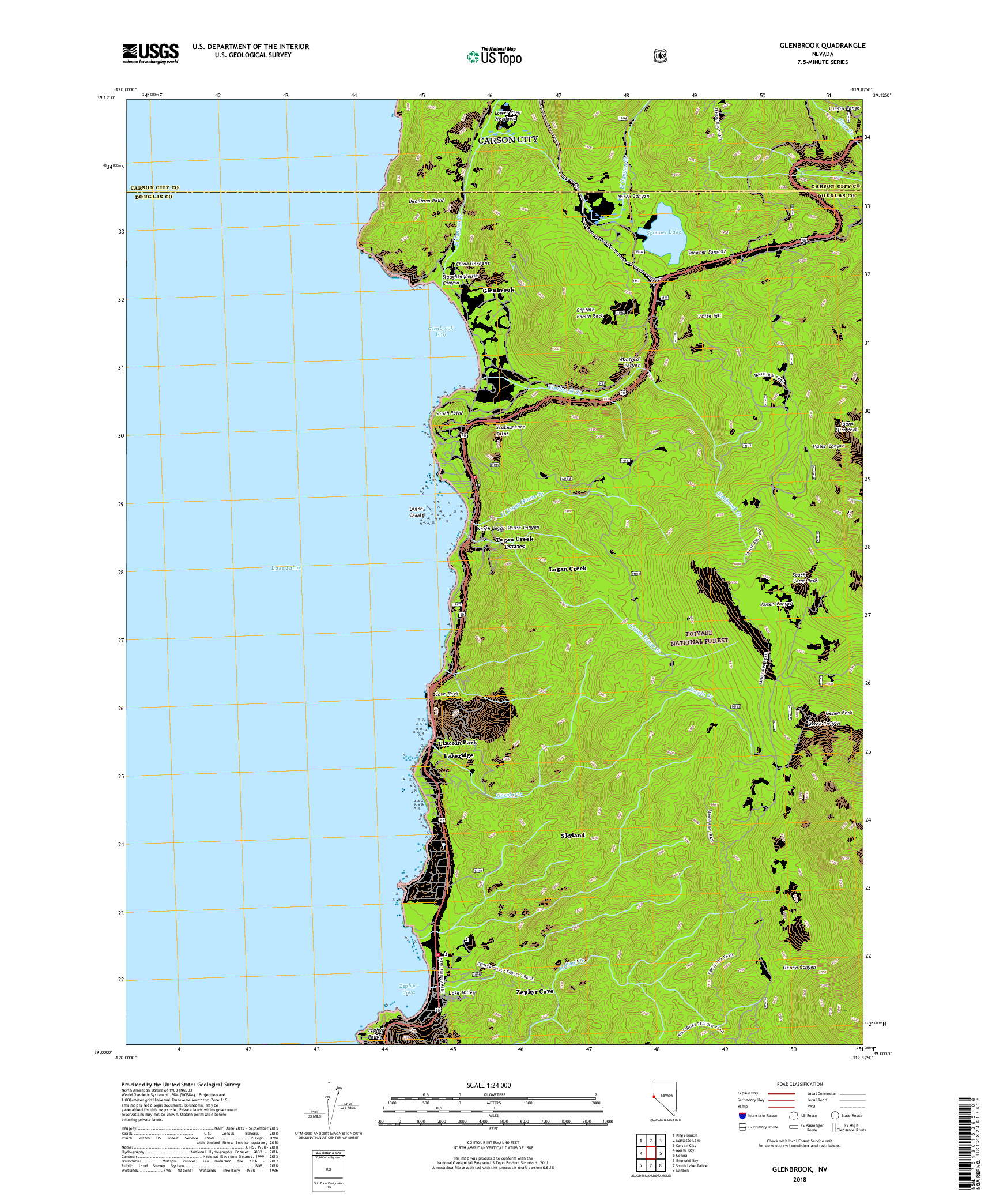 USGS US TOPO 7.5-MINUTE MAP FOR GLENBROOK, NV 2018