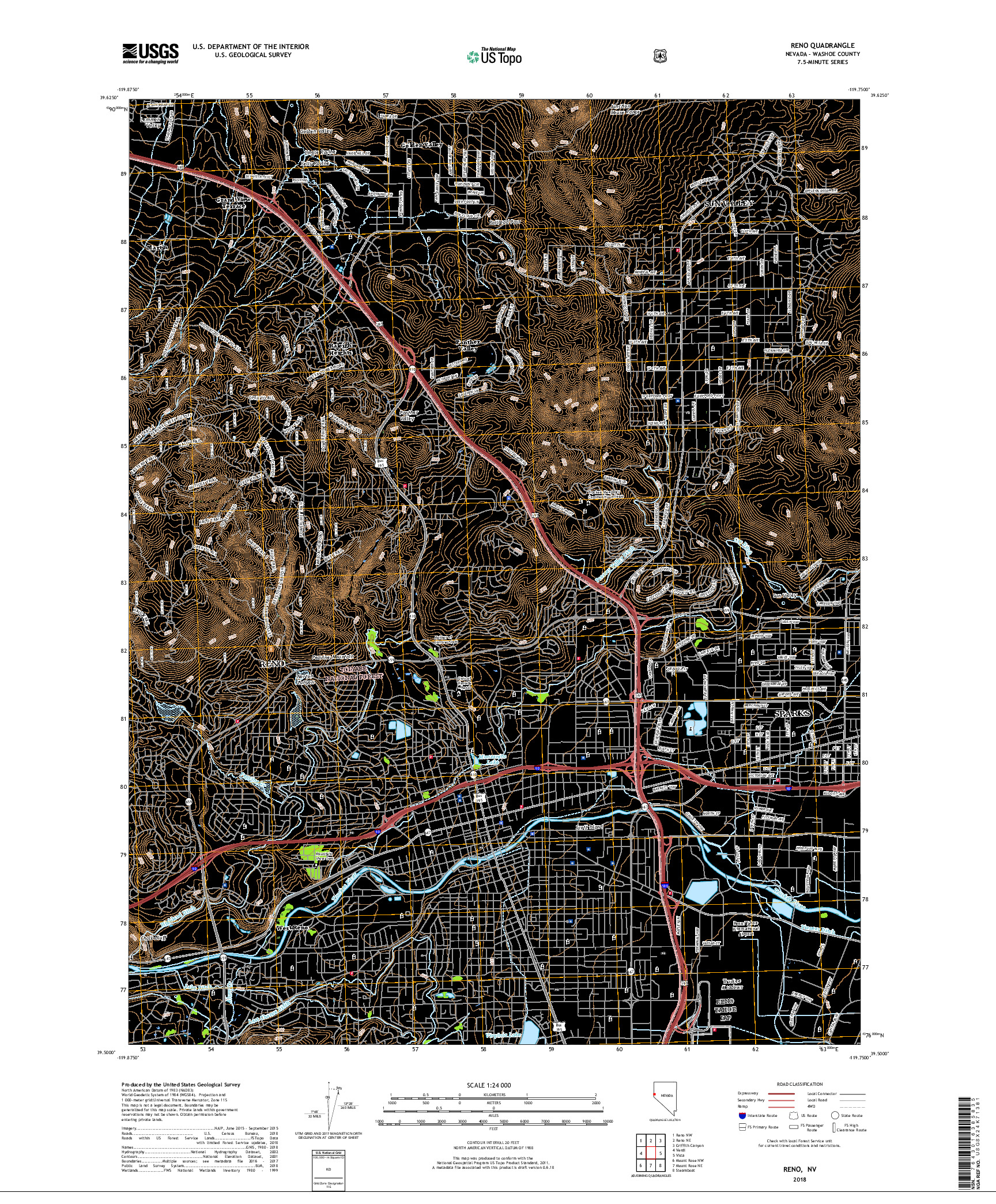 USGS US TOPO 7.5-MINUTE MAP FOR RENO, NV 2018