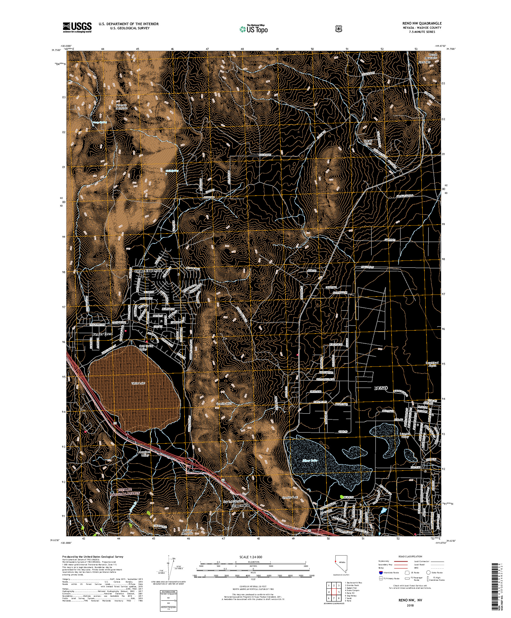 USGS US TOPO 7.5-MINUTE MAP FOR RENO NW, NV 2018