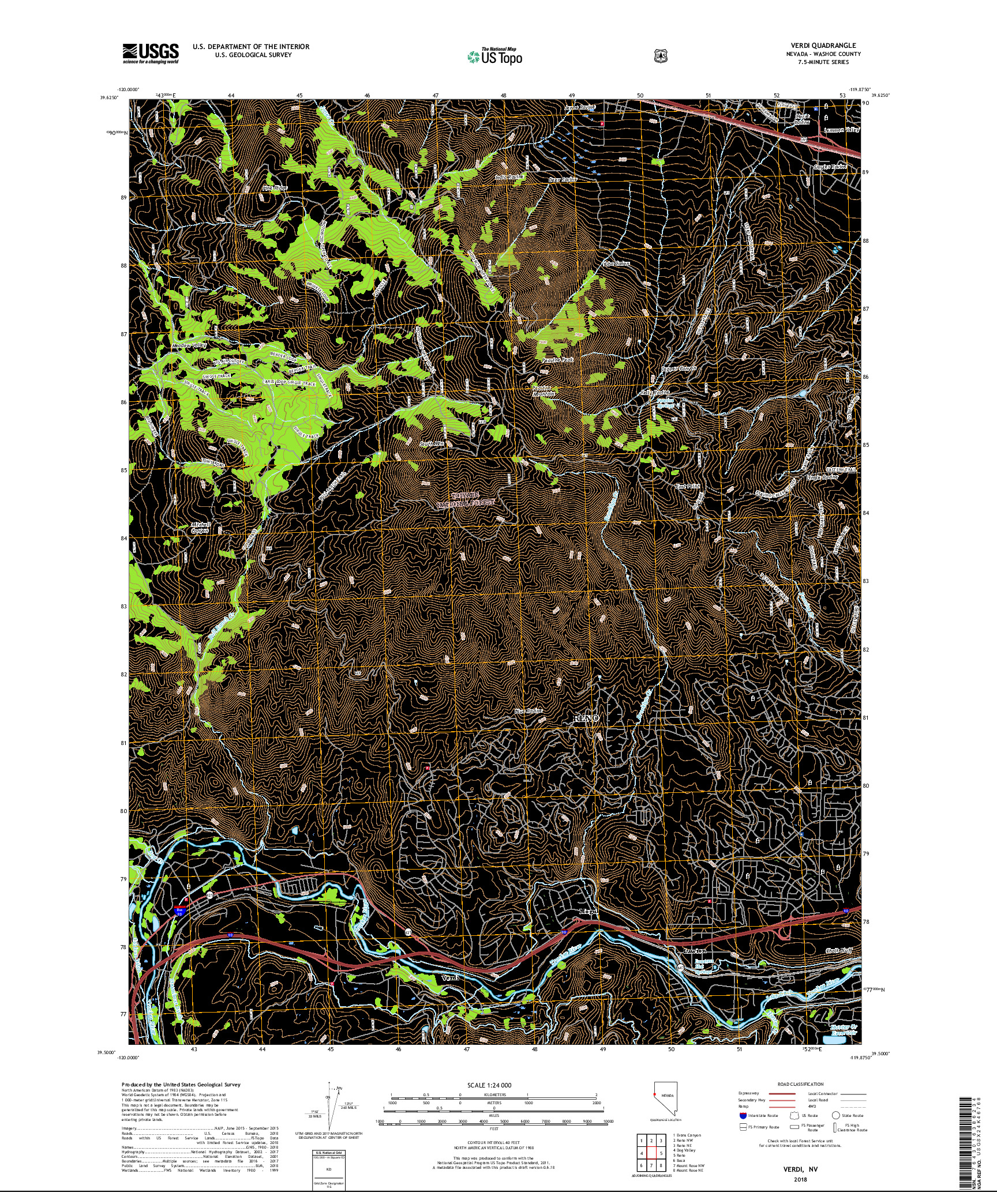 USGS US TOPO 7.5-MINUTE MAP FOR VERDI, NV 2018