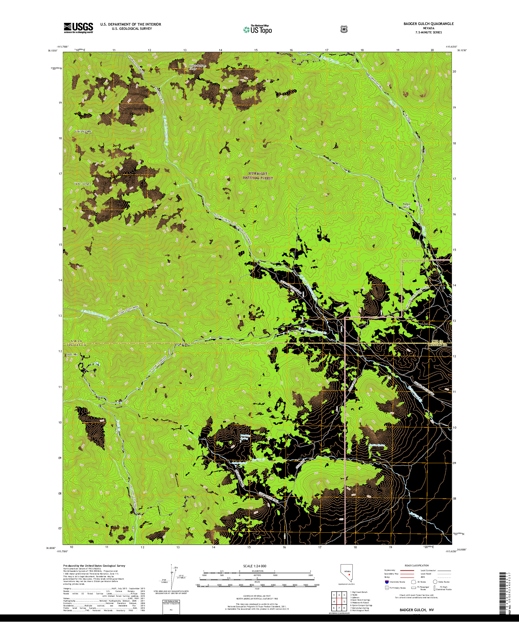 USGS US TOPO 7.5-MINUTE MAP FOR BADGER GULCH, NV 2018