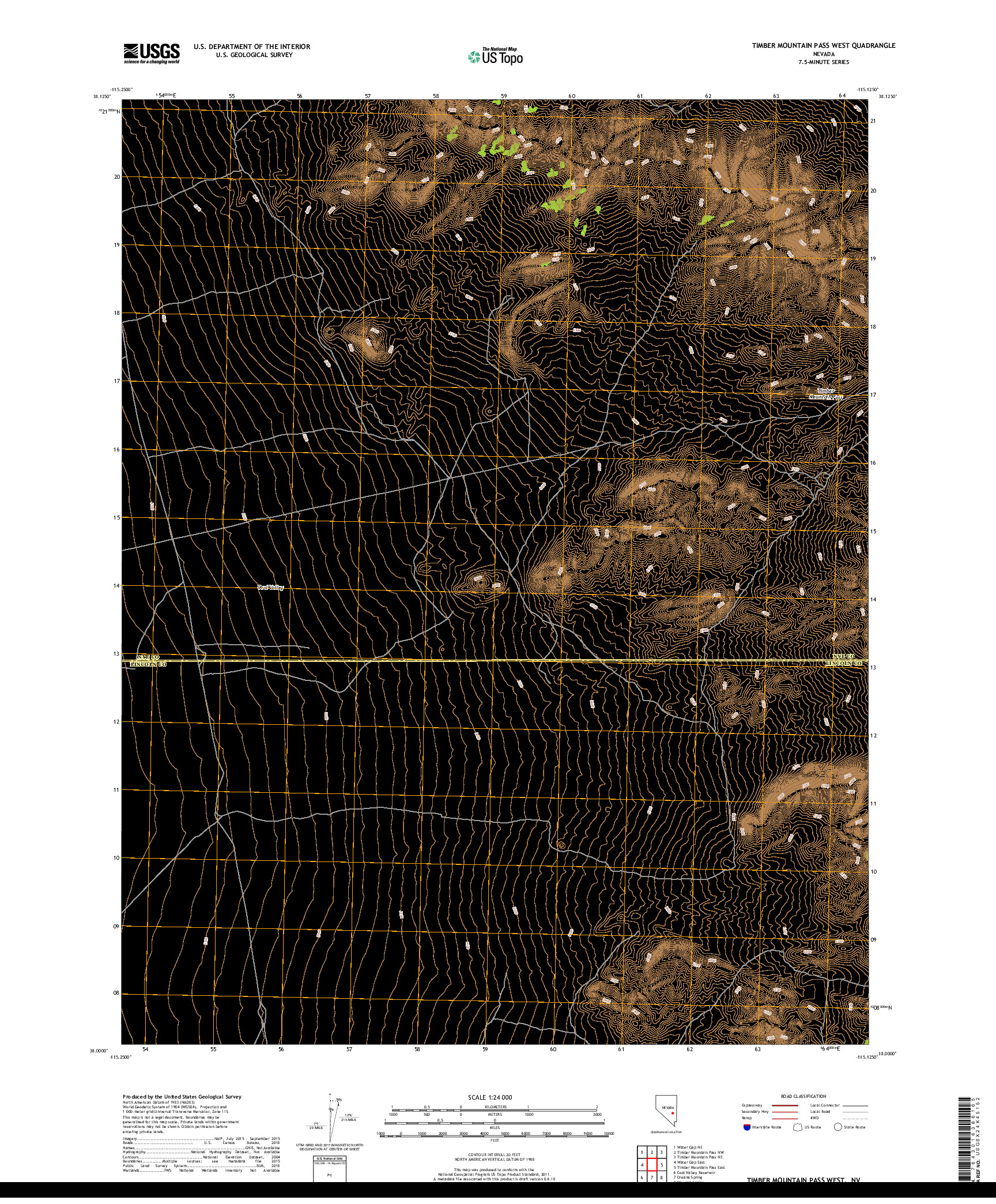 USGS US TOPO 7.5-MINUTE MAP FOR TIMBER MOUNTAIN PASS WEST, NV 2018