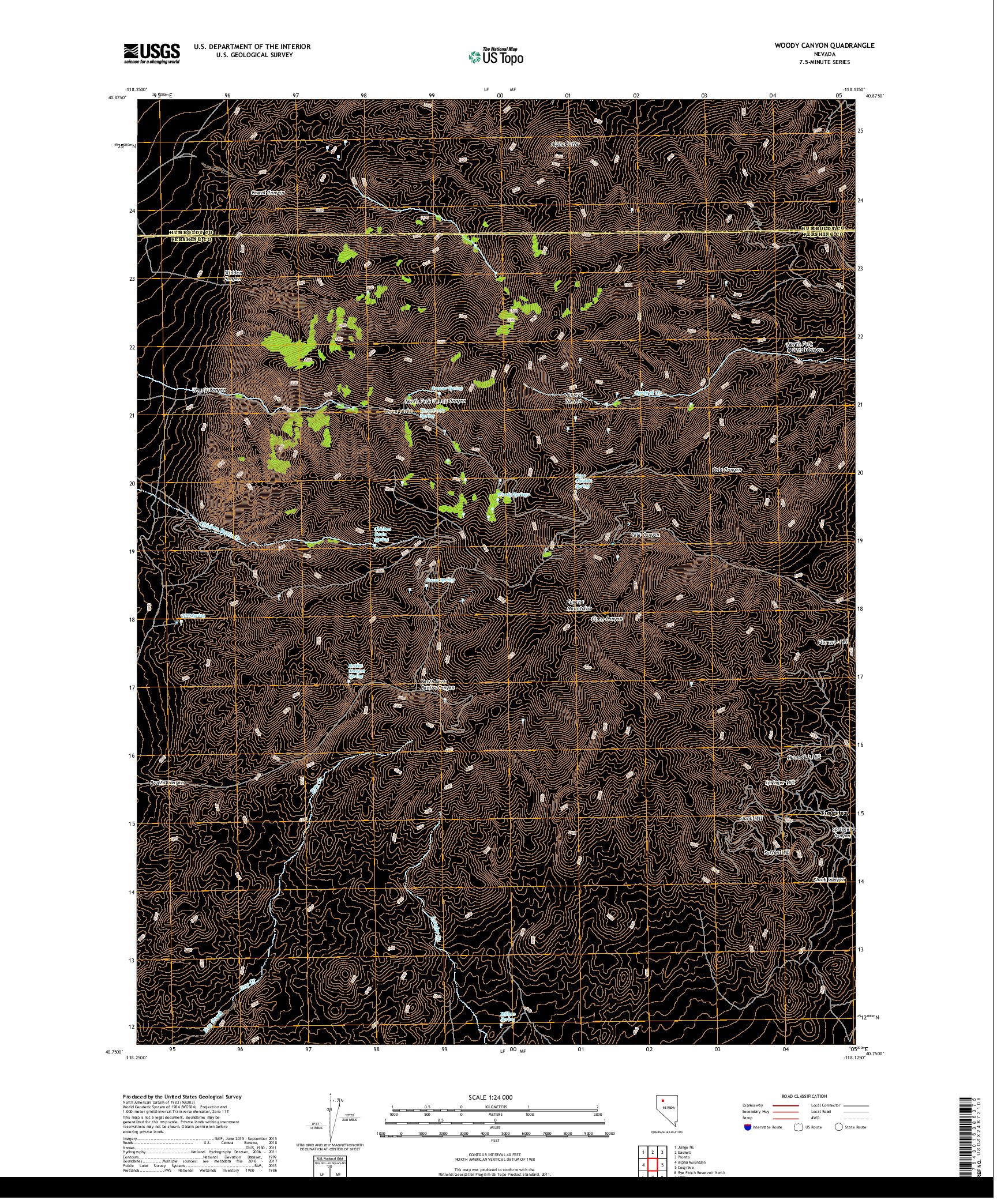 USGS US TOPO 7.5-MINUTE MAP FOR WOODY CANYON, NV 2018