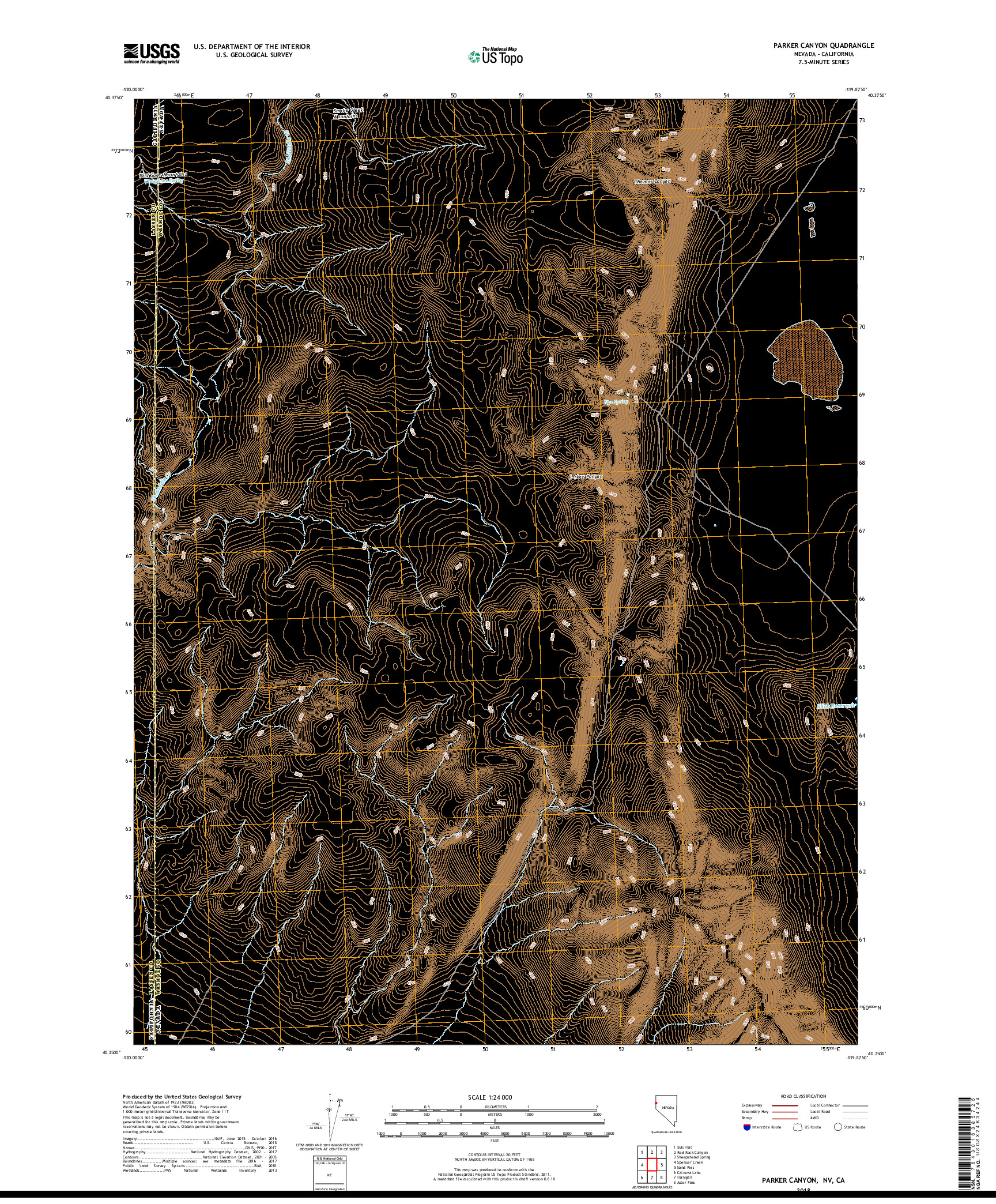 USGS US TOPO 7.5-MINUTE MAP FOR PARKER CANYON, NV,CA 2018