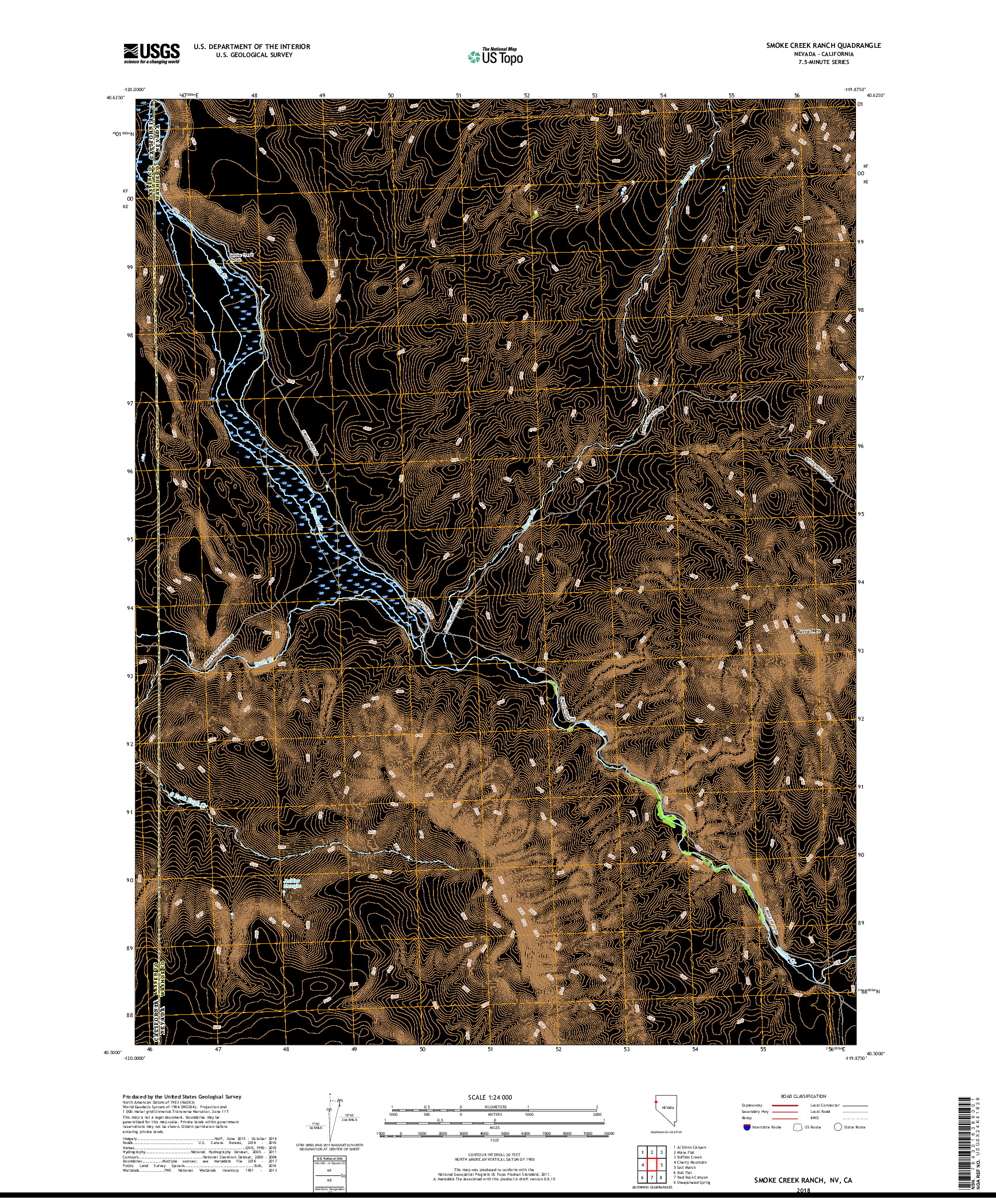 USGS US TOPO 7.5-MINUTE MAP FOR SMOKE CREEK RANCH, NV,CA 2018