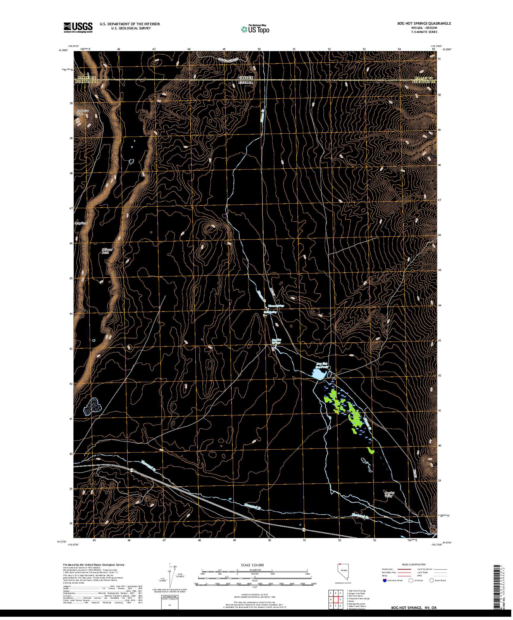 USGS US TOPO 7.5-MINUTE MAP FOR BOG HOT SPRINGS, NV,OR 2018