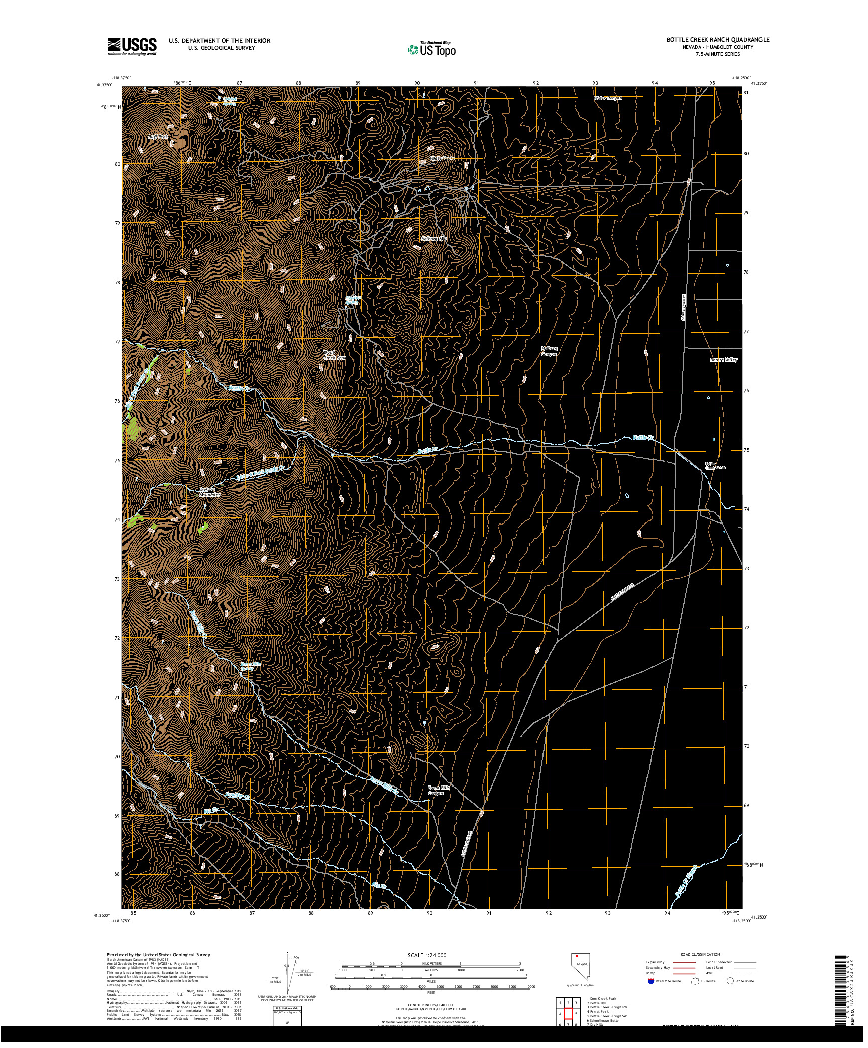 USGS US TOPO 7.5-MINUTE MAP FOR BOTTLE CREEK RANCH, NV 2018