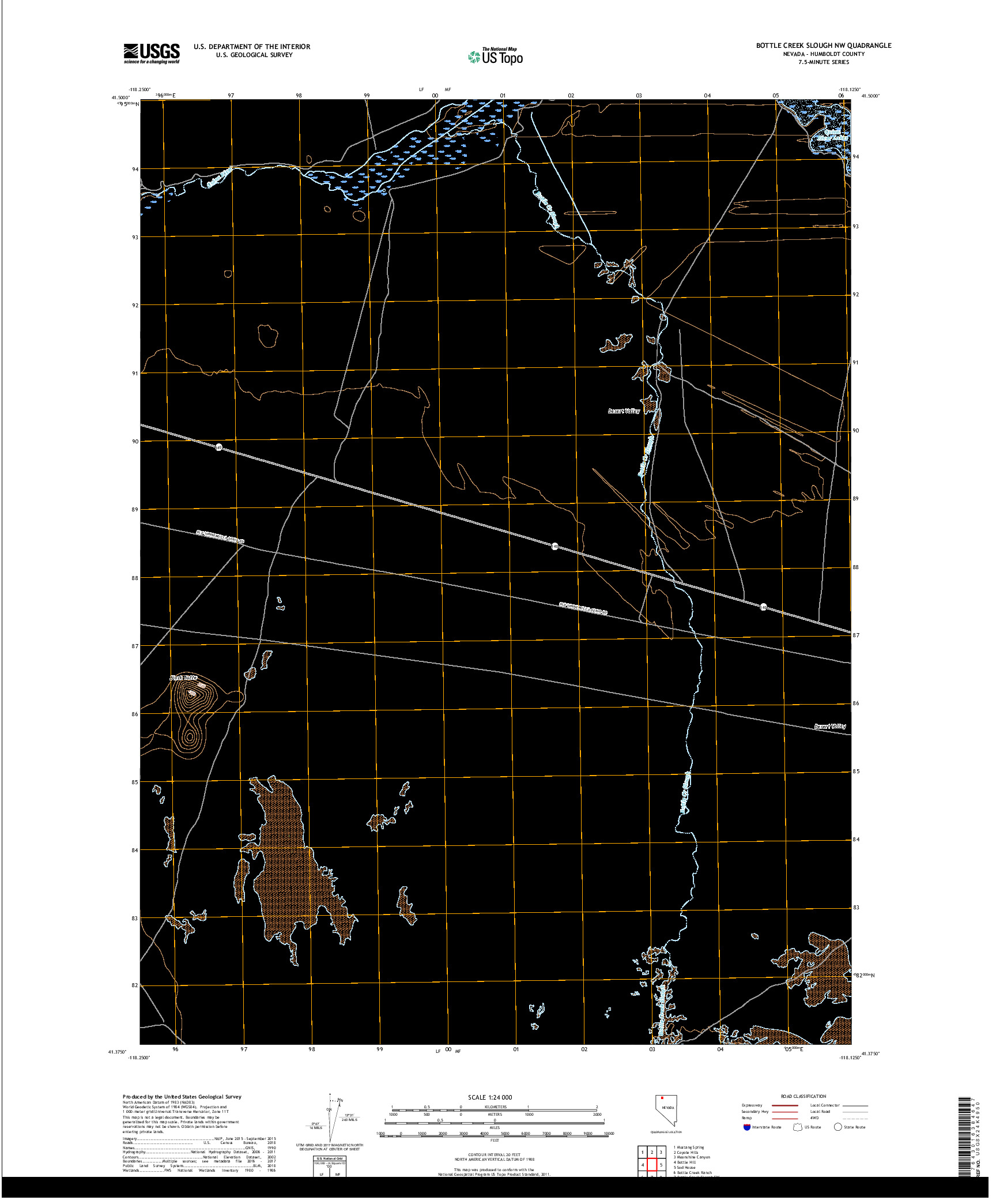 USGS US TOPO 7.5-MINUTE MAP FOR BOTTLE CREEK SLOUGH NW, NV 2018