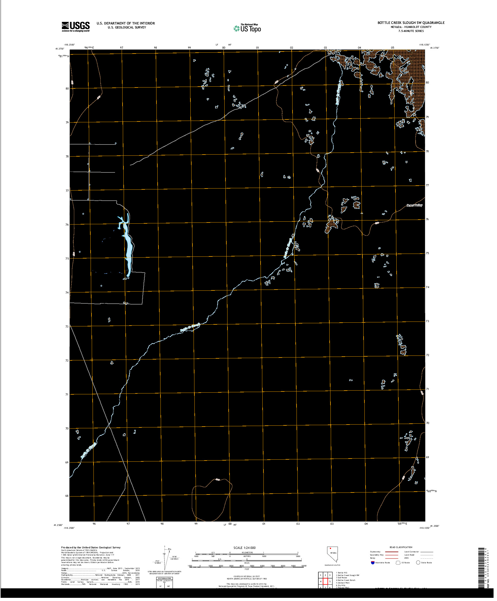USGS US TOPO 7.5-MINUTE MAP FOR BOTTLE CREEK SLOUGH SW, NV 2018