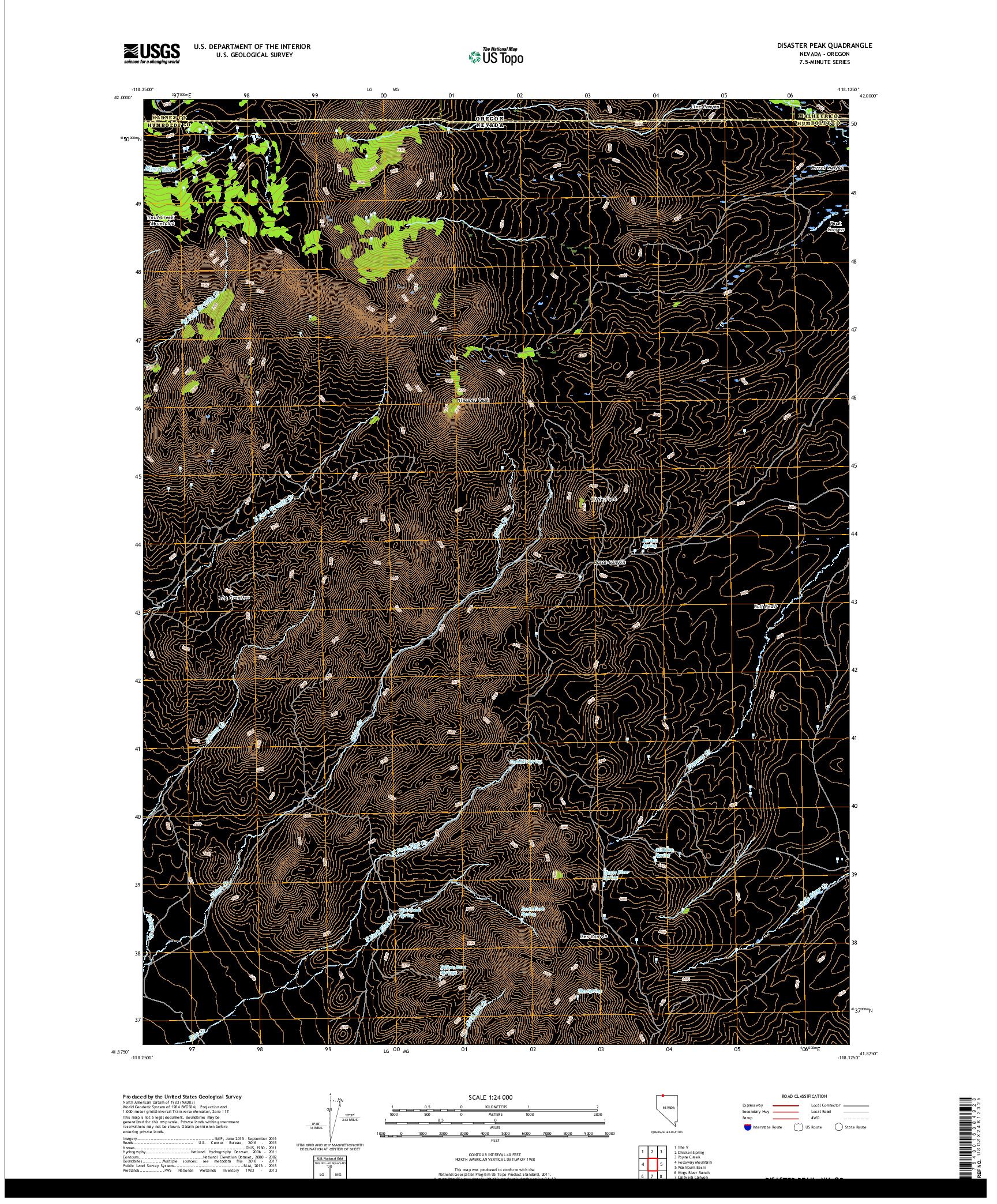 USGS US TOPO 7.5-MINUTE MAP FOR DISASTER PEAK, NV,OR 2018