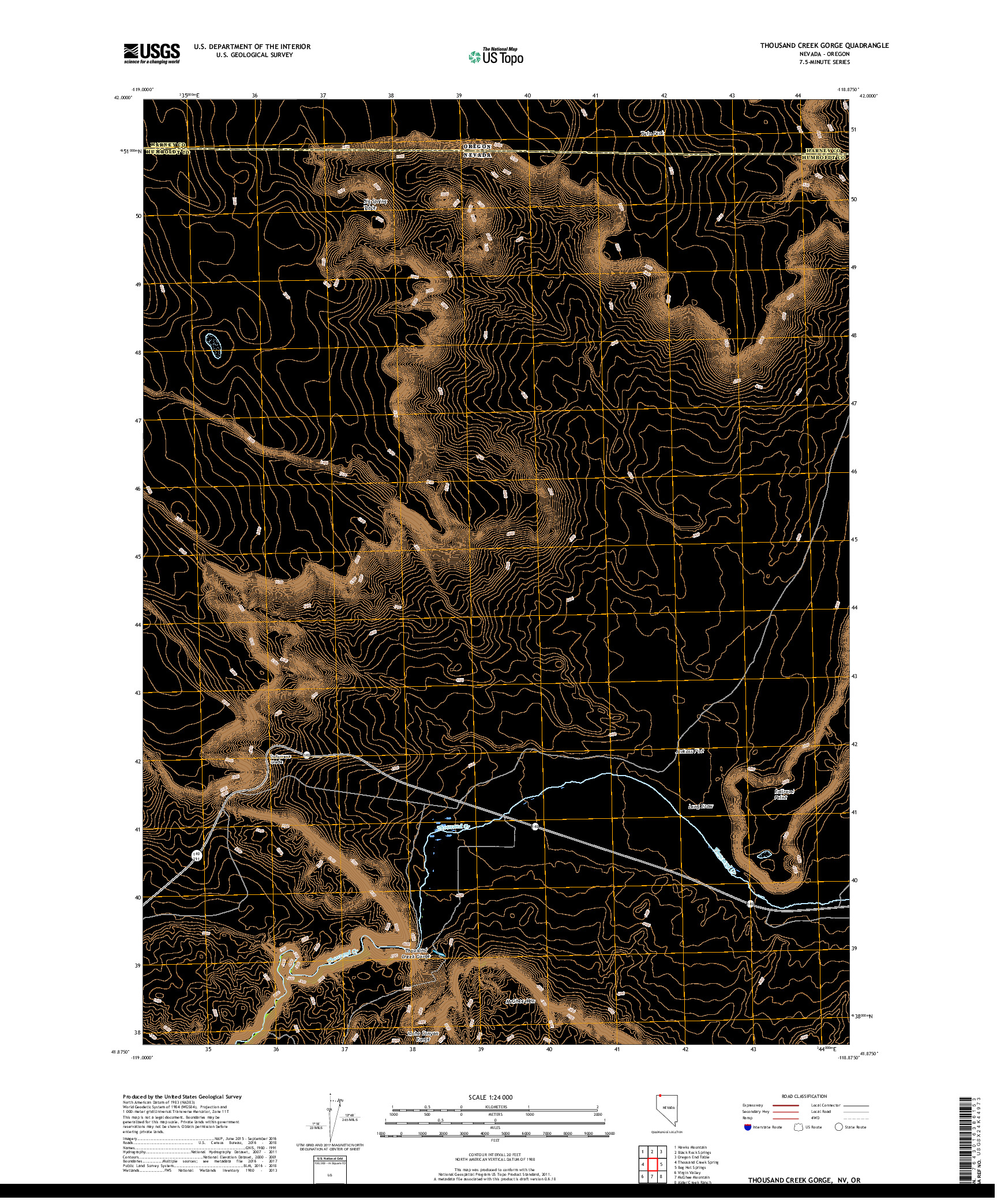 USGS US TOPO 7.5-MINUTE MAP FOR THOUSAND CREEK GORGE, NV,OR 2018