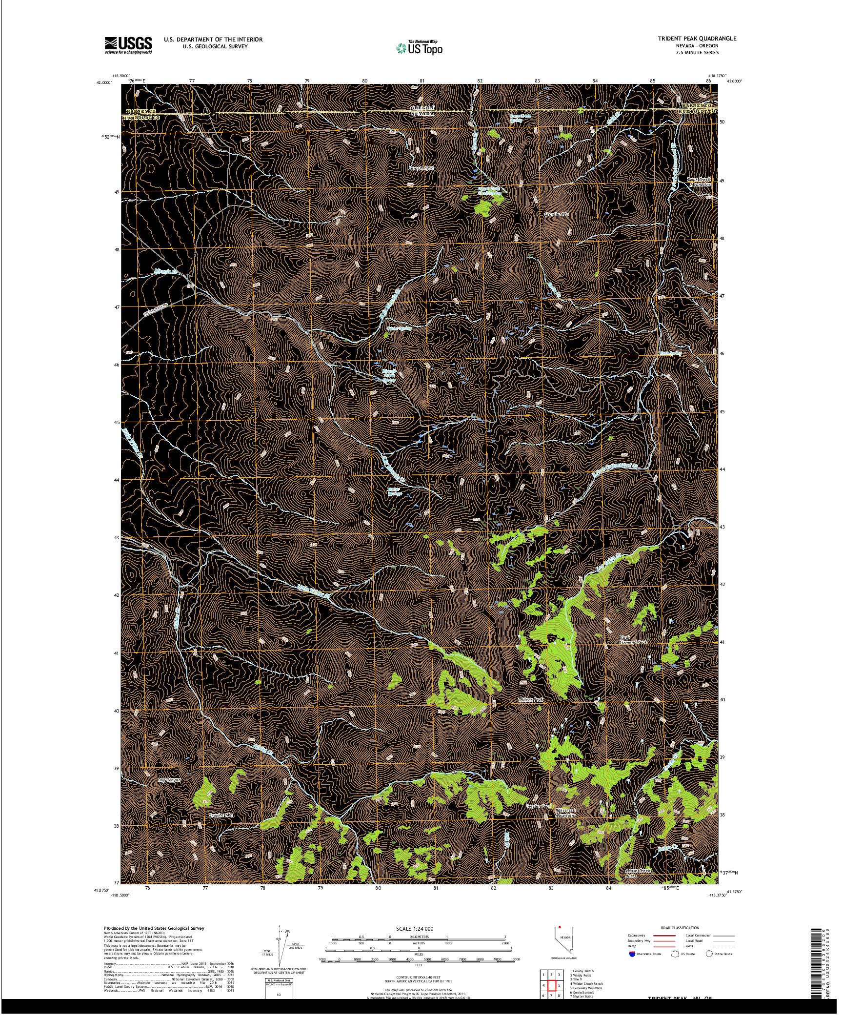 USGS US TOPO 7.5-MINUTE MAP FOR TRIDENT PEAK, NV,OR 2018