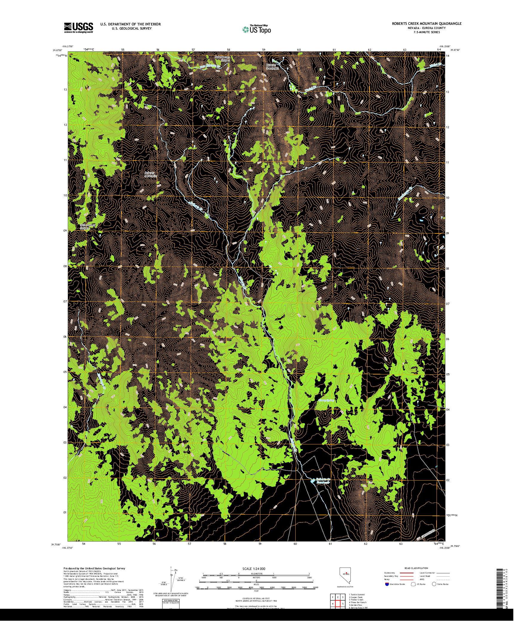 USGS US TOPO 7.5-MINUTE MAP FOR ROBERTS CREEK MOUNTAIN, NV 2018