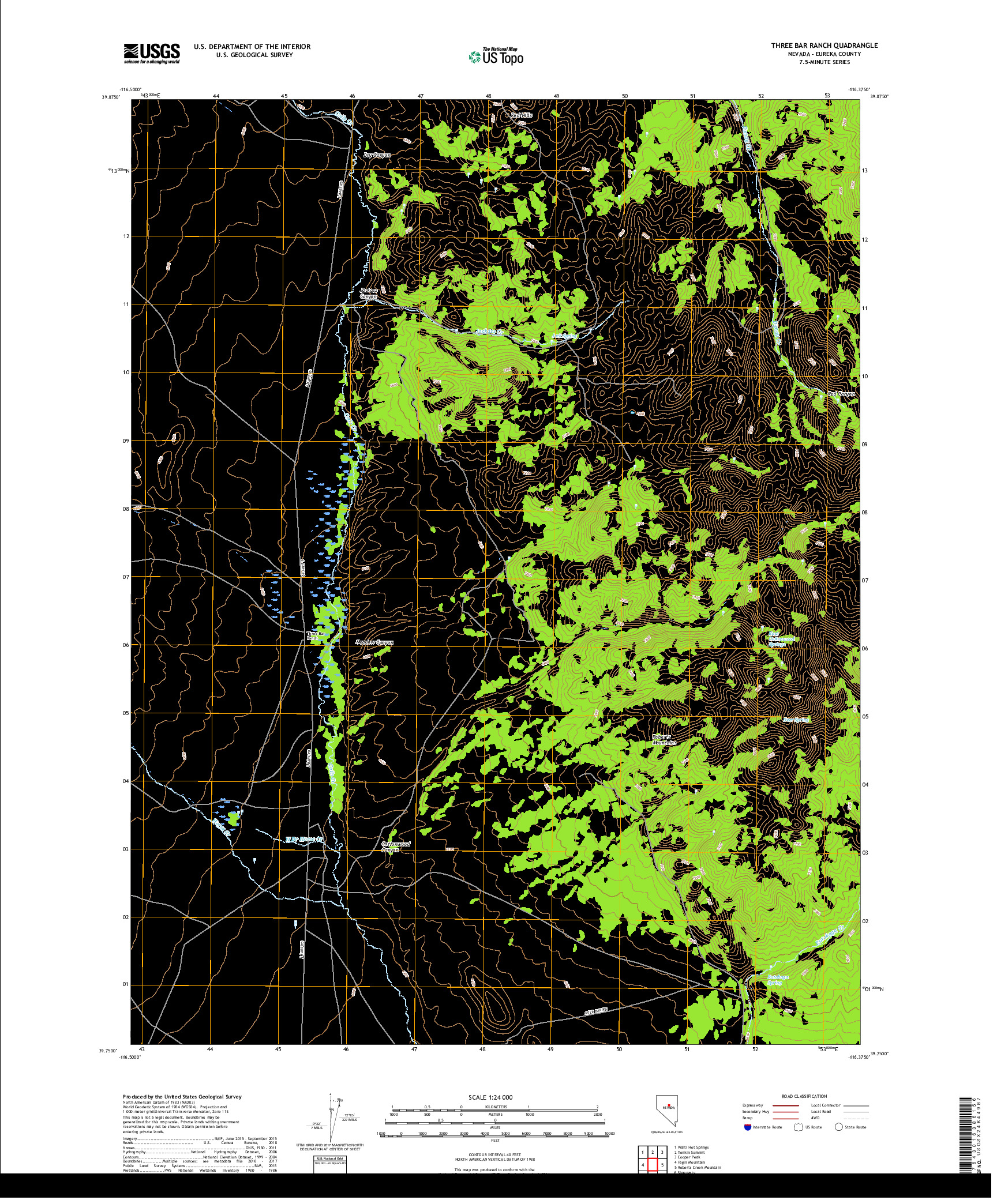 USGS US TOPO 7.5-MINUTE MAP FOR THREE BAR RANCH, NV 2018