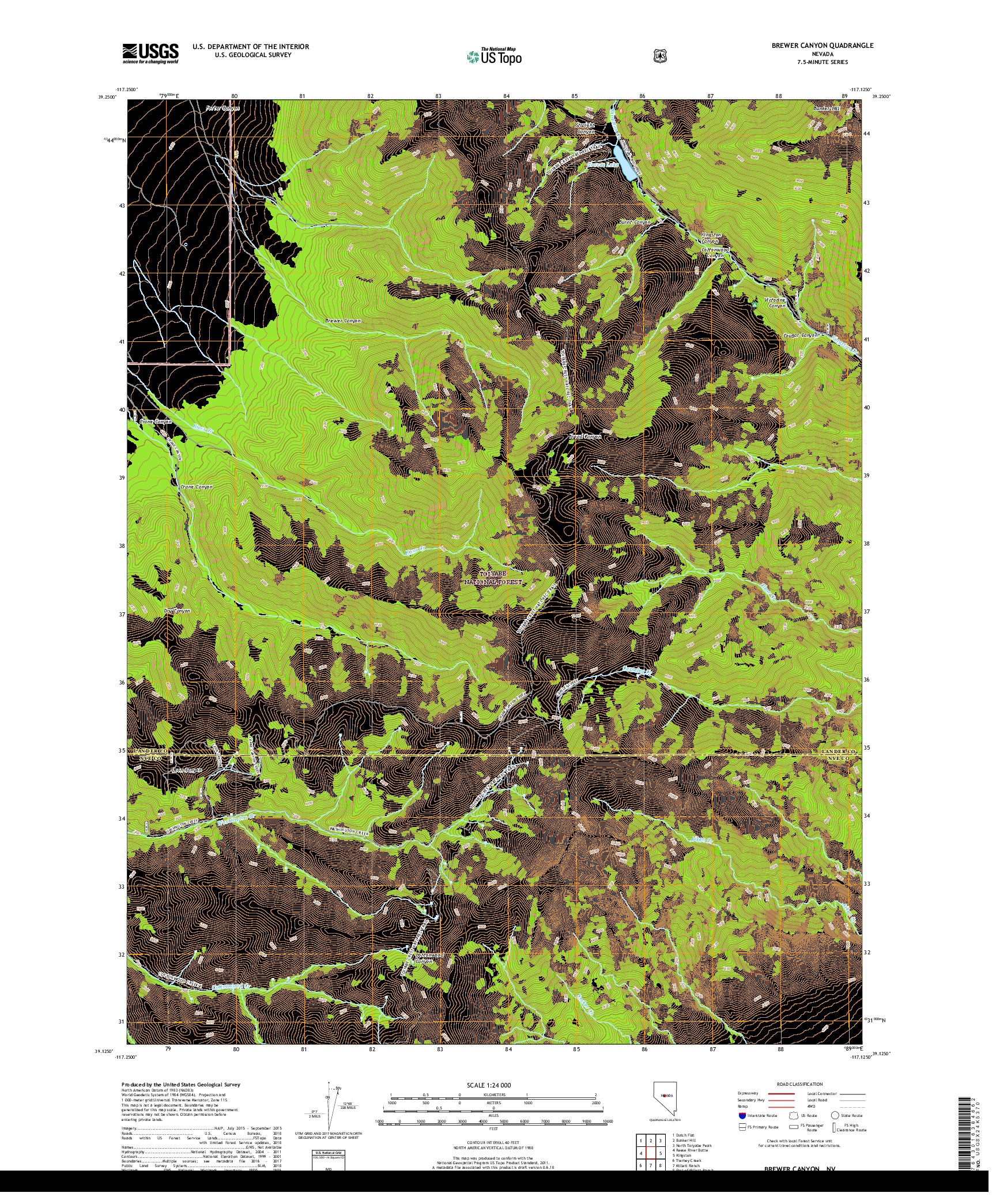 USGS US TOPO 7.5-MINUTE MAP FOR BREWER CANYON, NV 2018