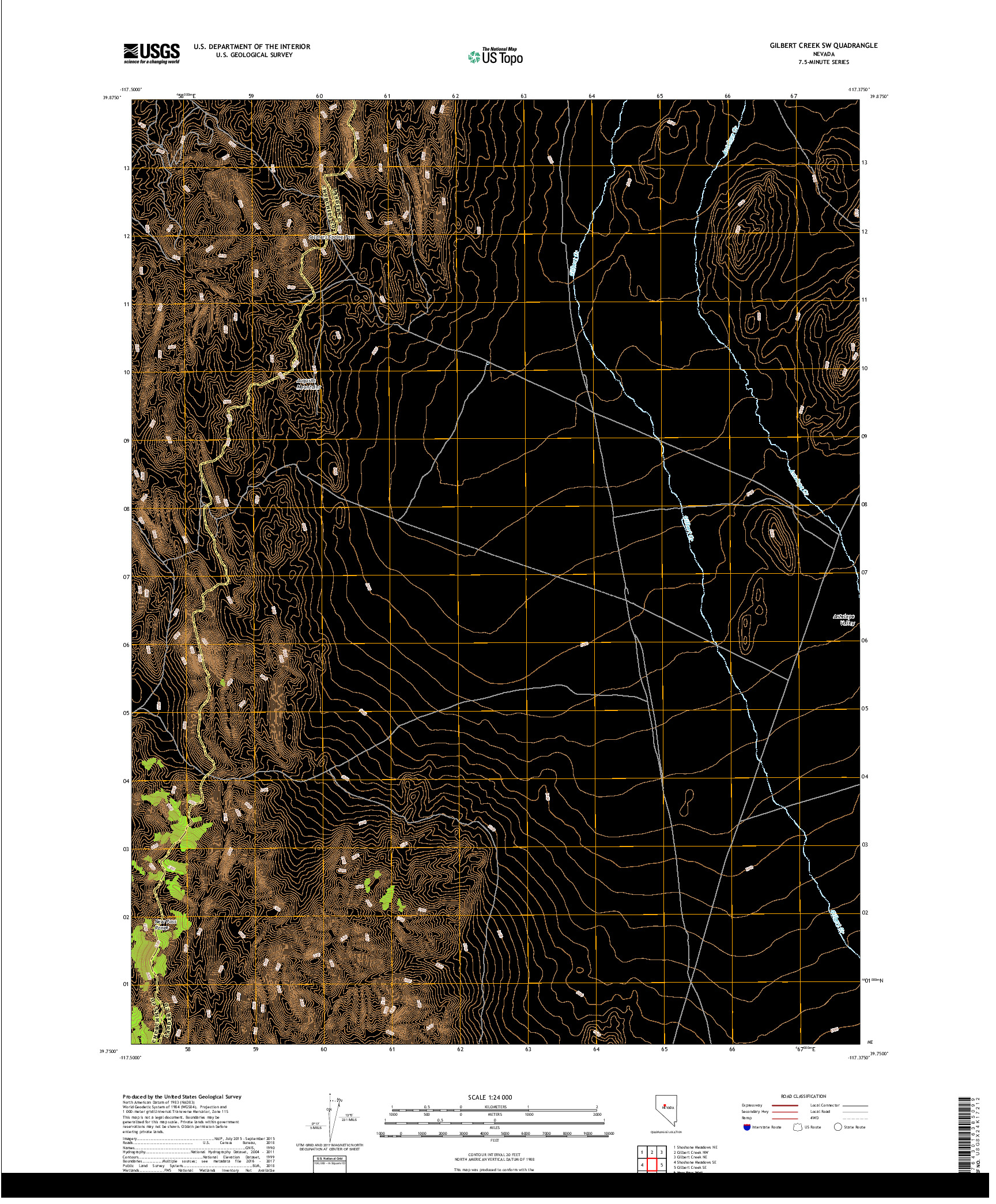 USGS US TOPO 7.5-MINUTE MAP FOR GILBERT CREEK SW, NV 2018