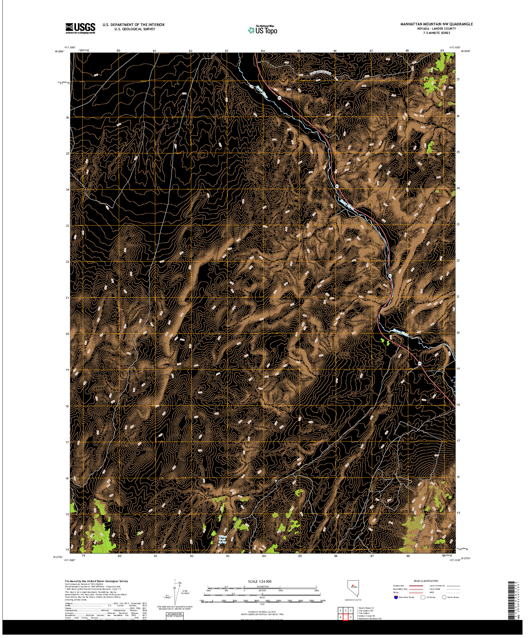 USGS US TOPO 7.5-MINUTE MAP FOR MANHATTAN MOUNTAIN NW, NV 2018