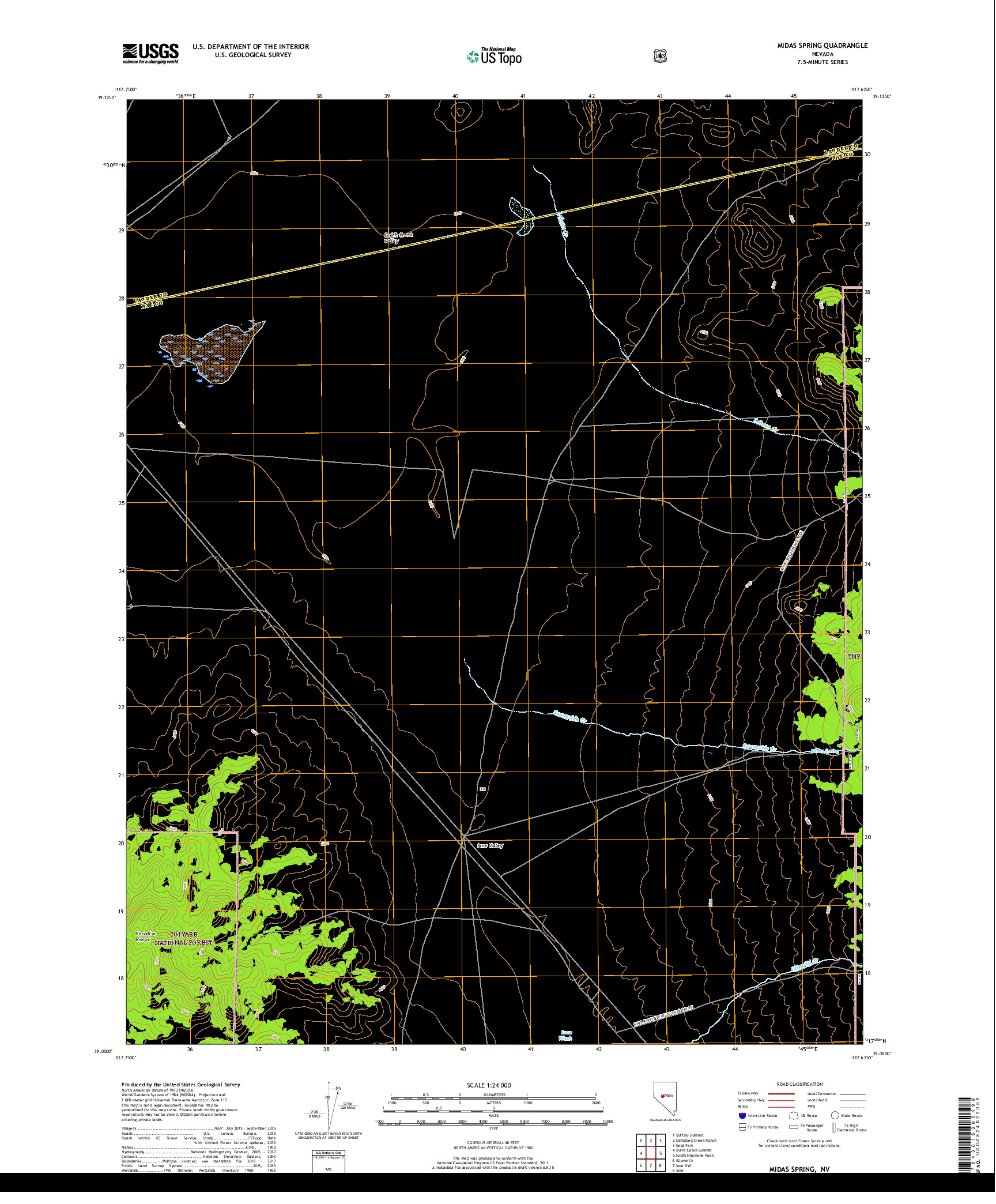 USGS US TOPO 7.5-MINUTE MAP FOR MIDAS SPRING, NV 2018