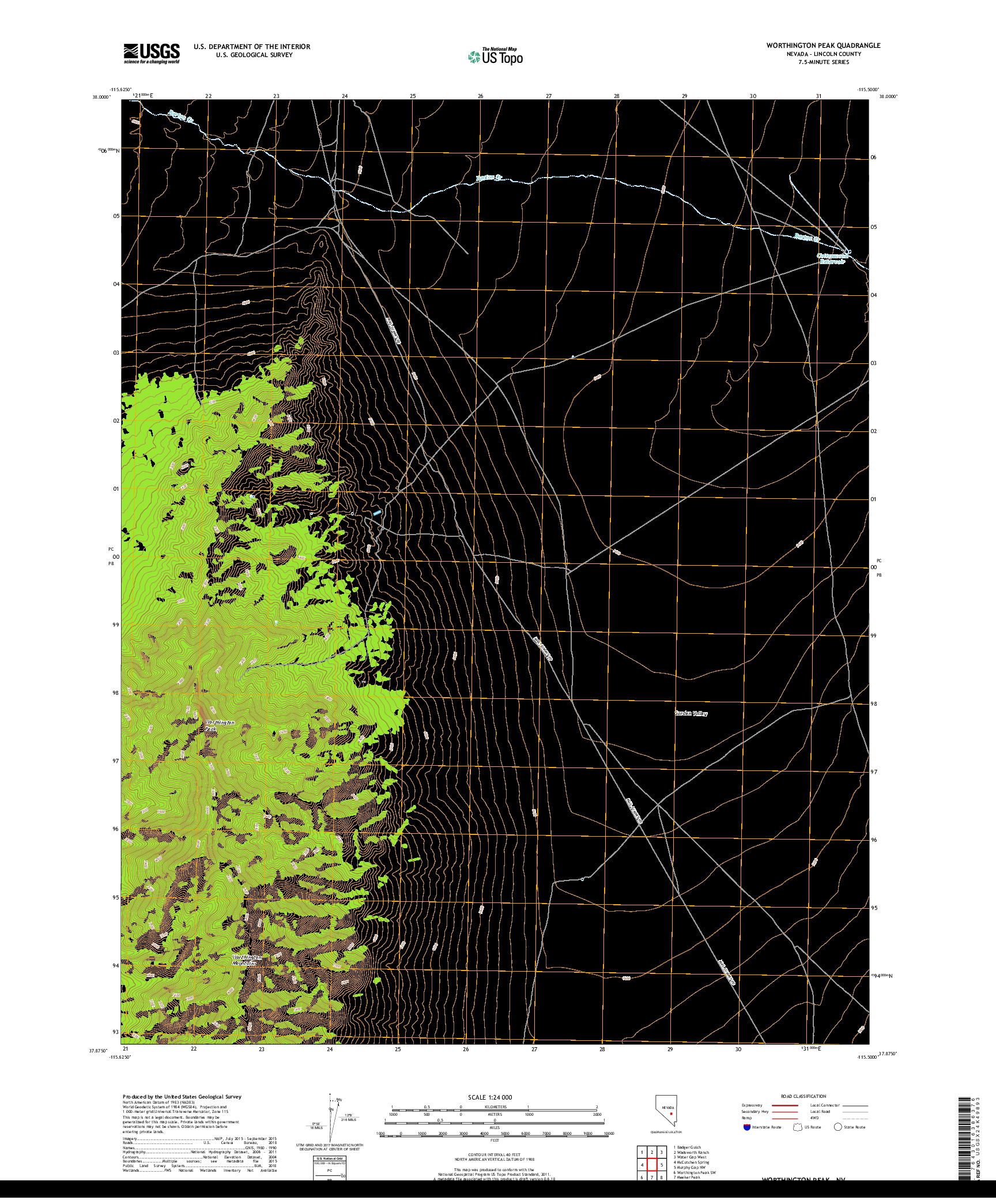 USGS US TOPO 7.5-MINUTE MAP FOR WORTHINGTON PEAK, NV 2018