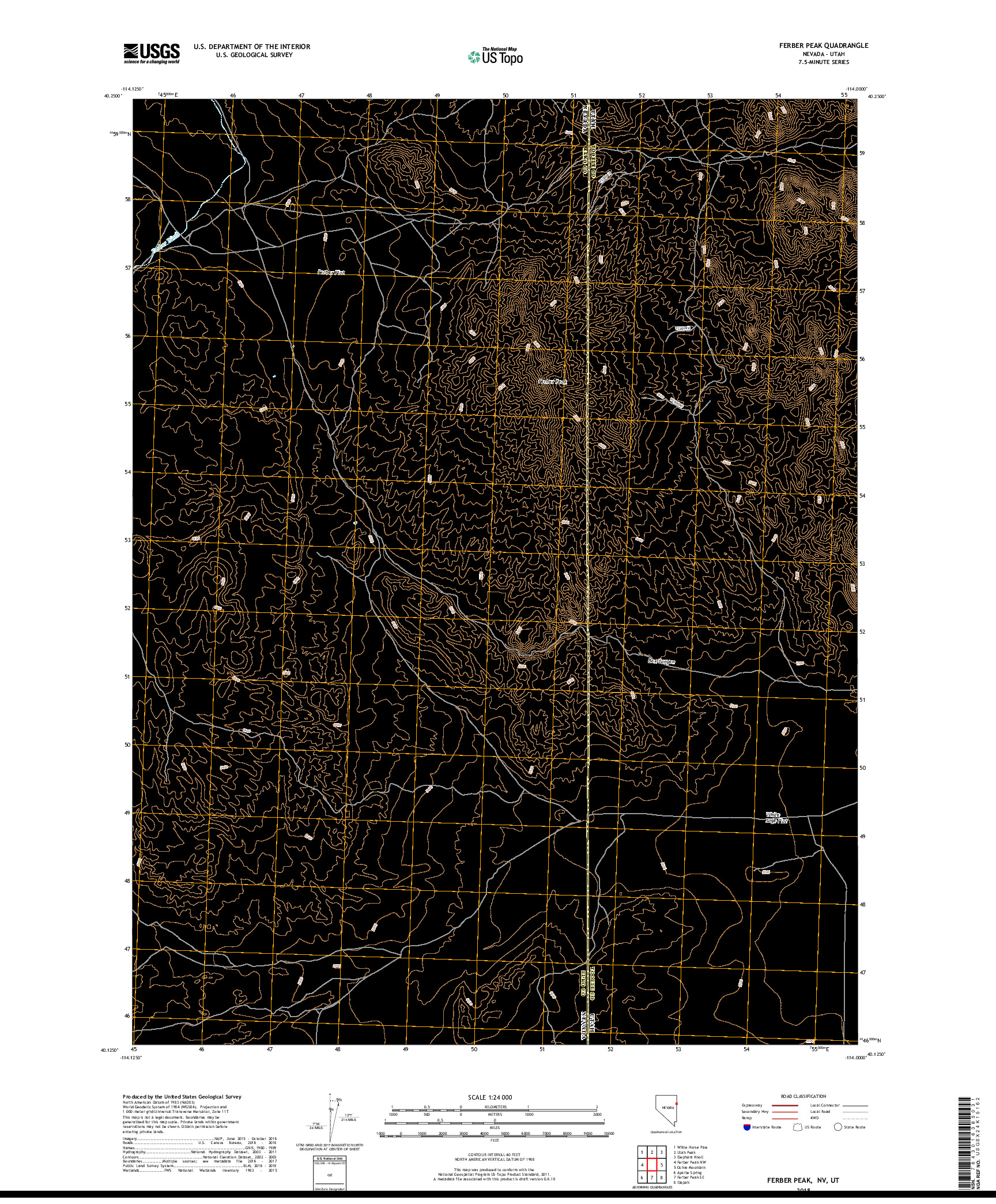 USGS US TOPO 7.5-MINUTE MAP FOR FERBER PEAK, NV,UT 2018