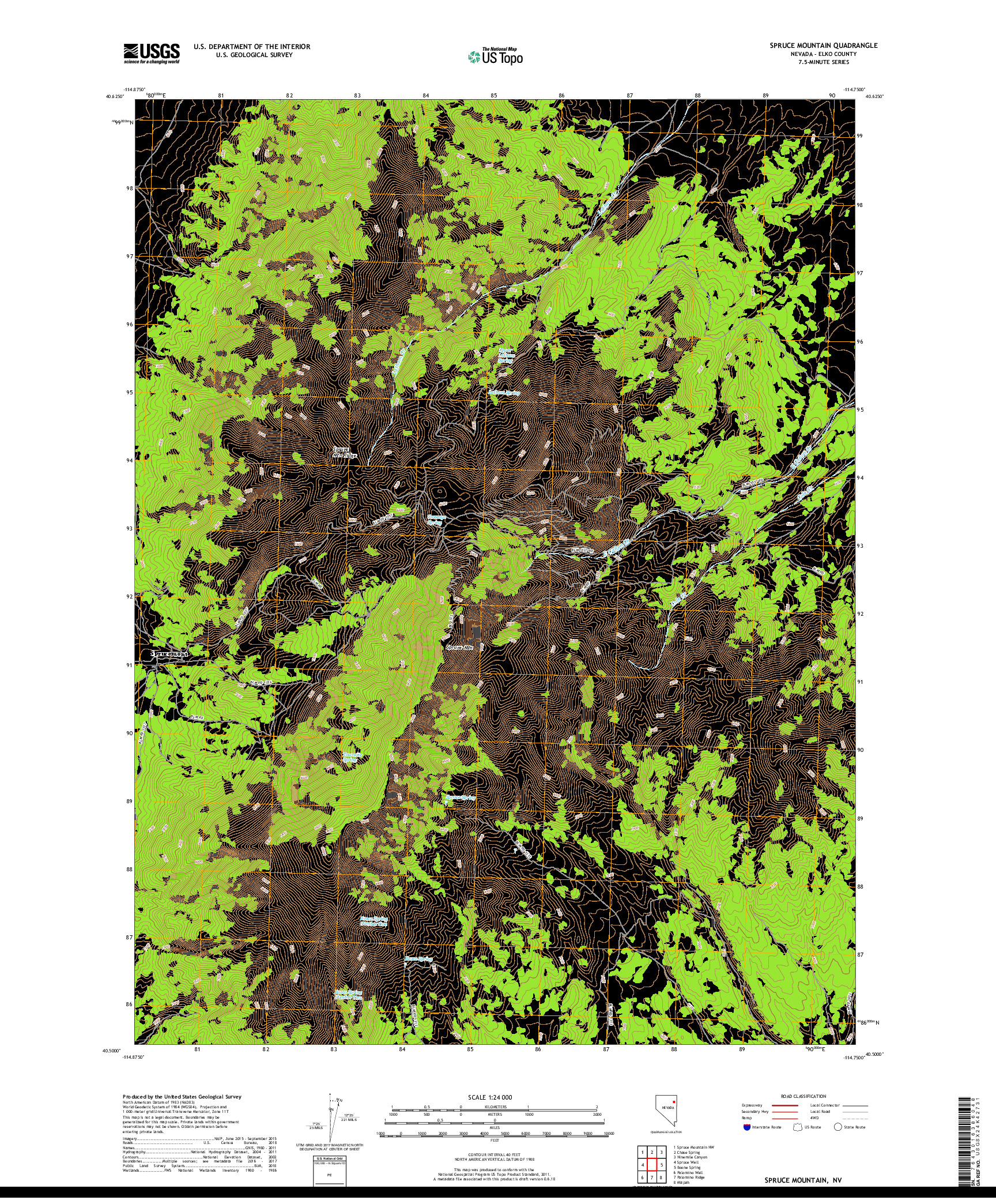 USGS US TOPO 7.5-MINUTE MAP FOR SPRUCE MOUNTAIN, NV 2018