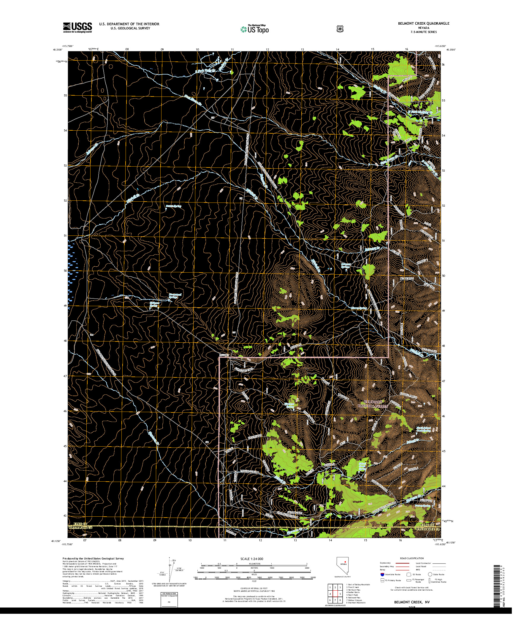 USGS US TOPO 7.5-MINUTE MAP FOR BELMONT CREEK, NV 2018