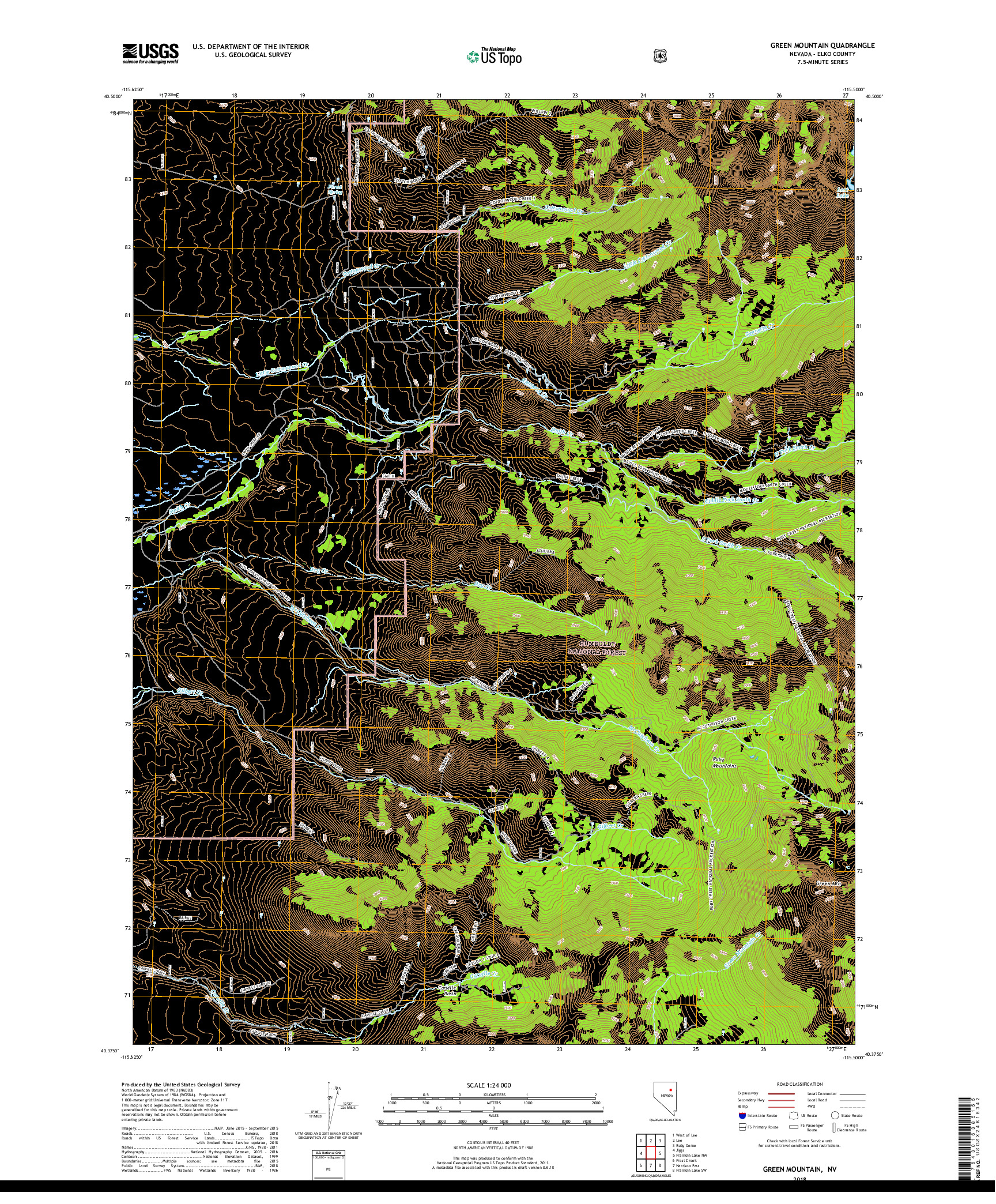 USGS US TOPO 7.5-MINUTE MAP FOR GREEN MOUNTAIN, NV 2018